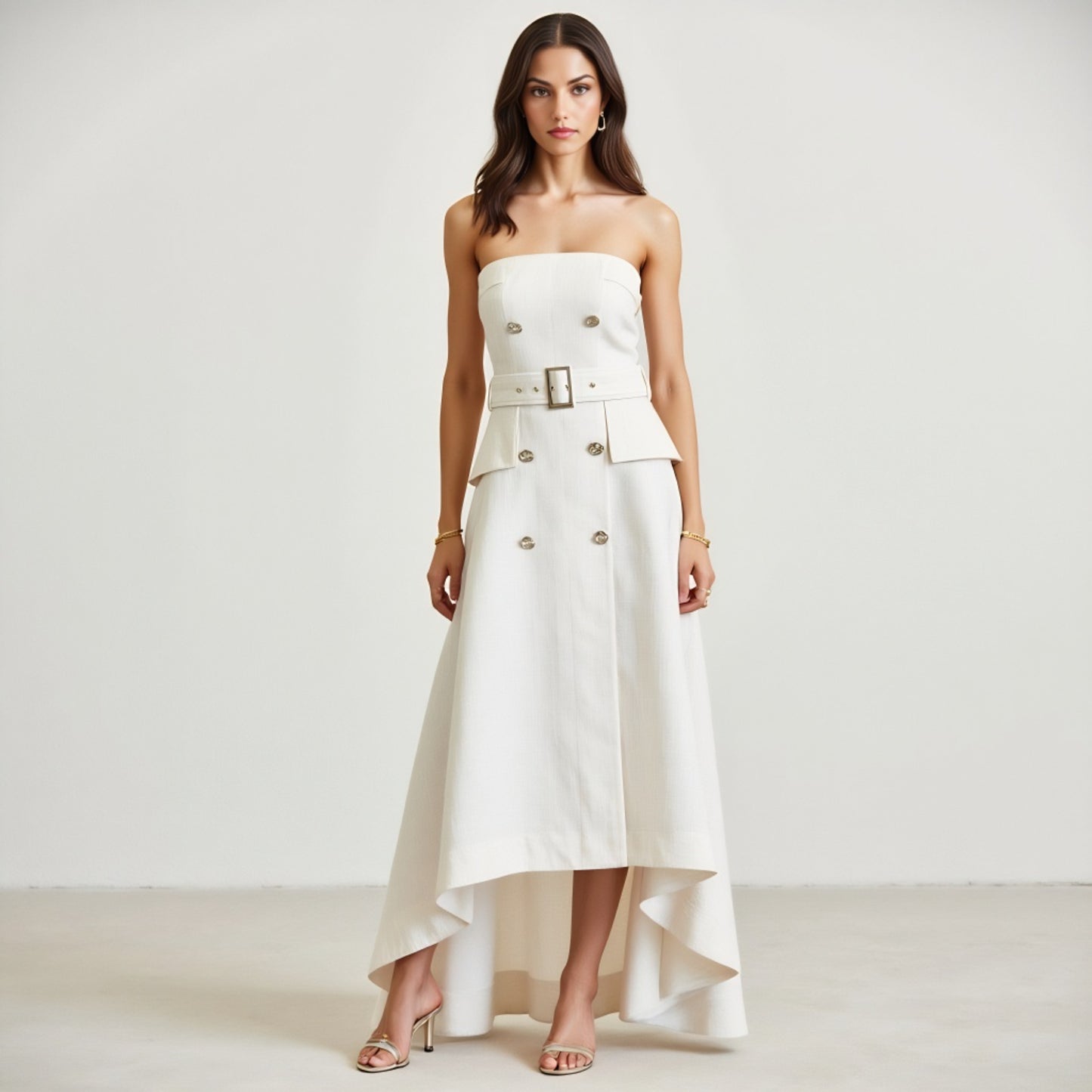 Strapless High-Low Dress with Belted Waist and Double-Breasted Buttons