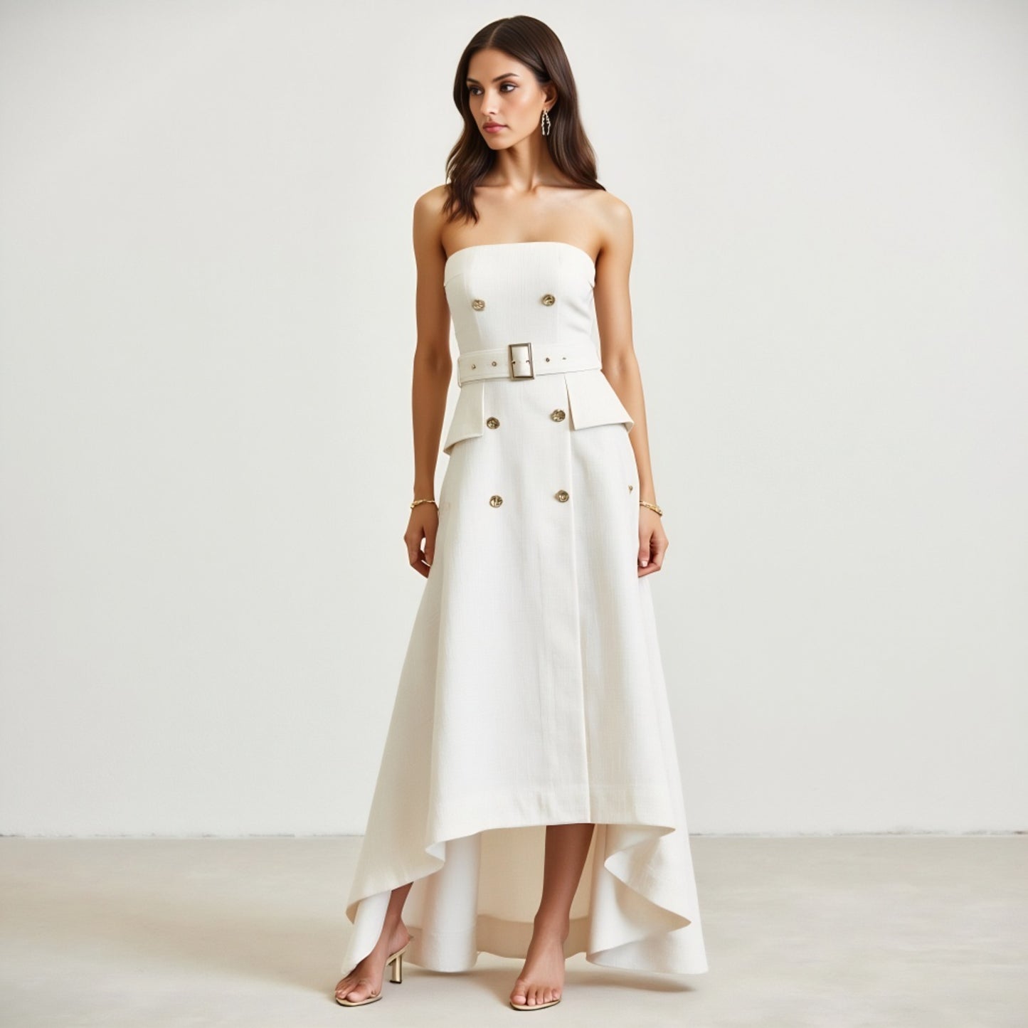 Strapless High-Low Dress with Belted Waist and Double-Breasted Buttons