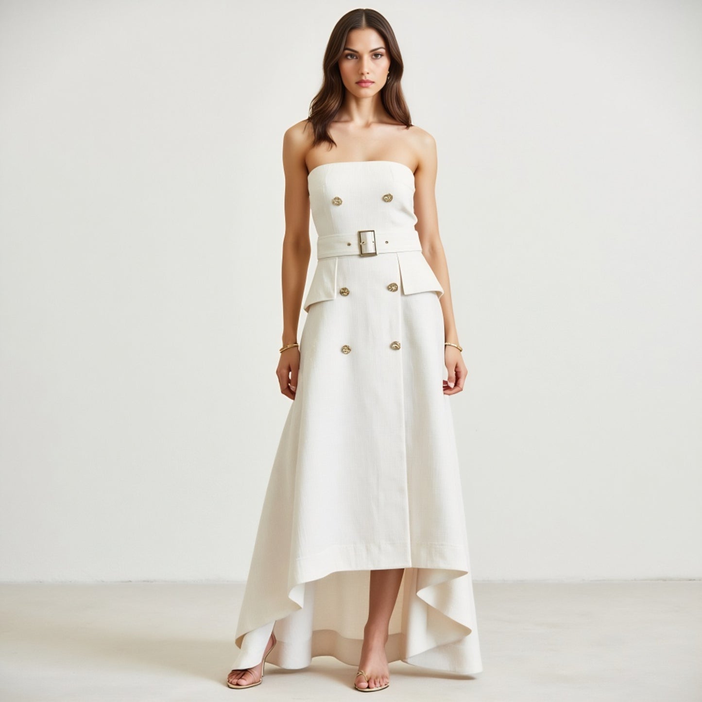 Strapless High-Low Dress with Belted Waist and Double-Breasted Buttons