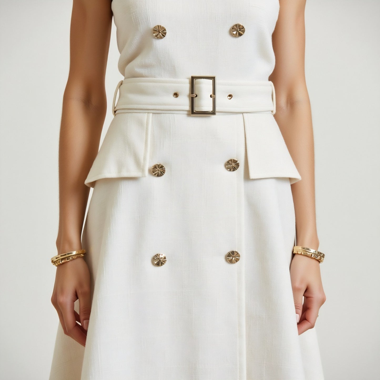 Strapless High-Low Dress with Belted Waist and Double-Breasted Buttons