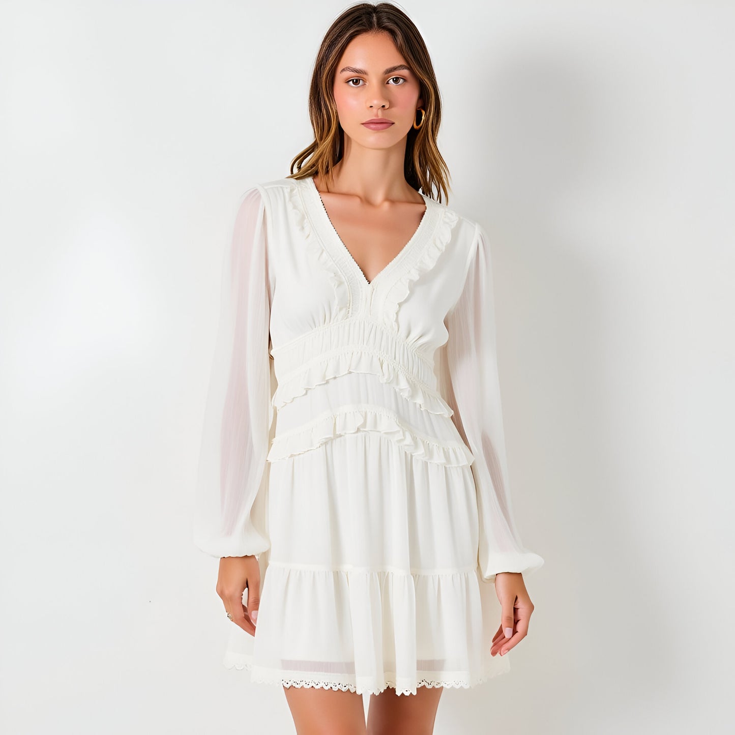 Long Sleeve V-Neck Ruffle Tiered Mini Dress with Sheer Chiffon Overlay