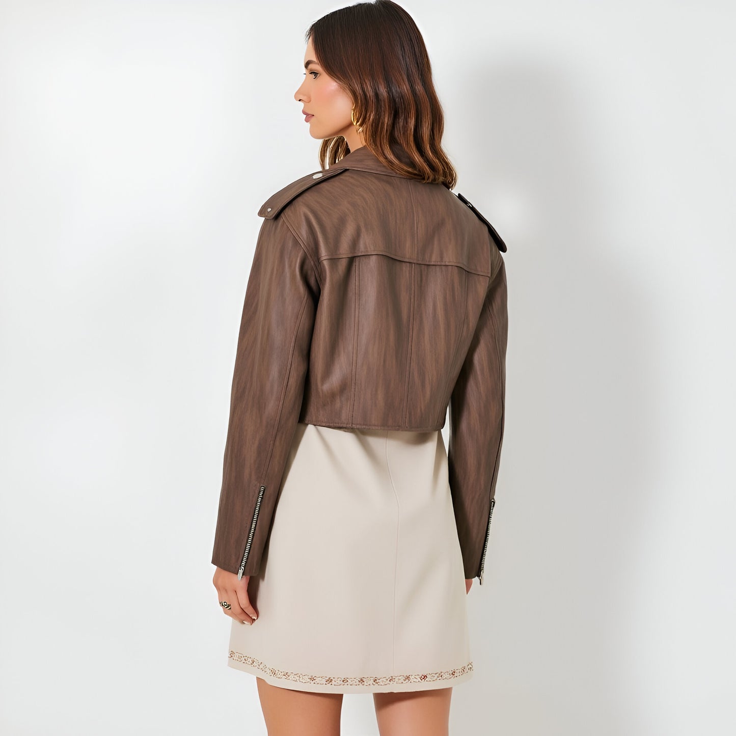 Cropped Moto Jacket with Wide Lapels, Zip Front and Relaxed Drop Shoulders