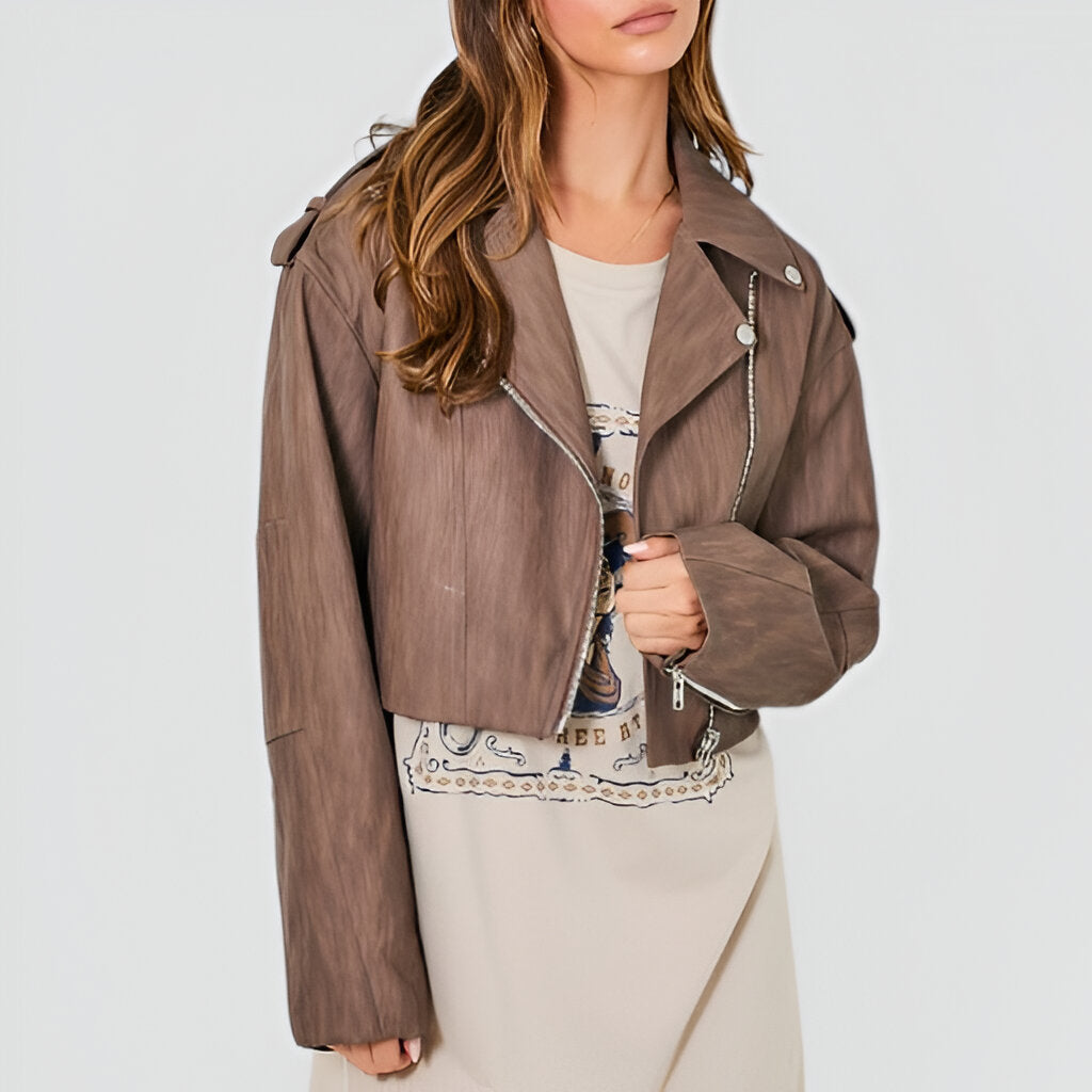 Cropped Moto Jacket with Wide Lapels, Zip Front and Relaxed Drop Shoulders