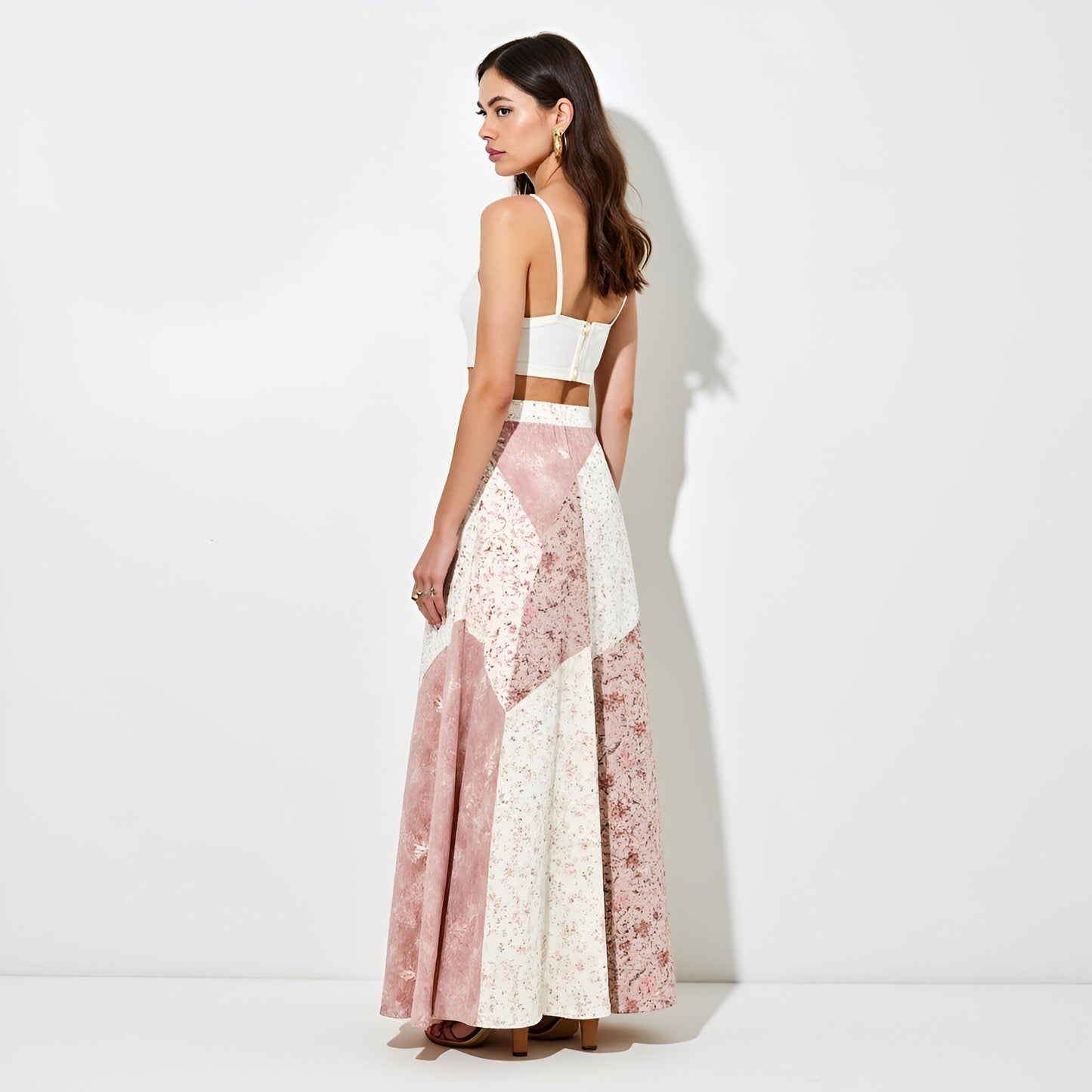 Patchwork Floral Maxi Skirt with Chevron Panel Detailing and Subtle Flar