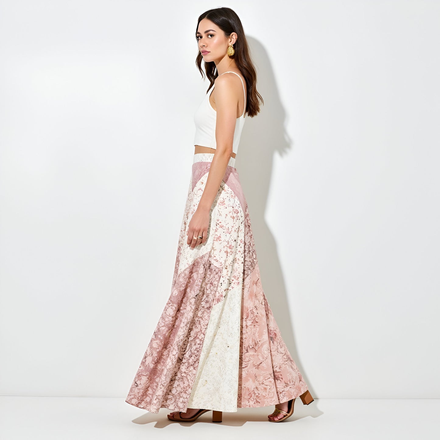 Patchwork Floral Maxi Skirt with Chevron Panel Detailing and Subtle Flar