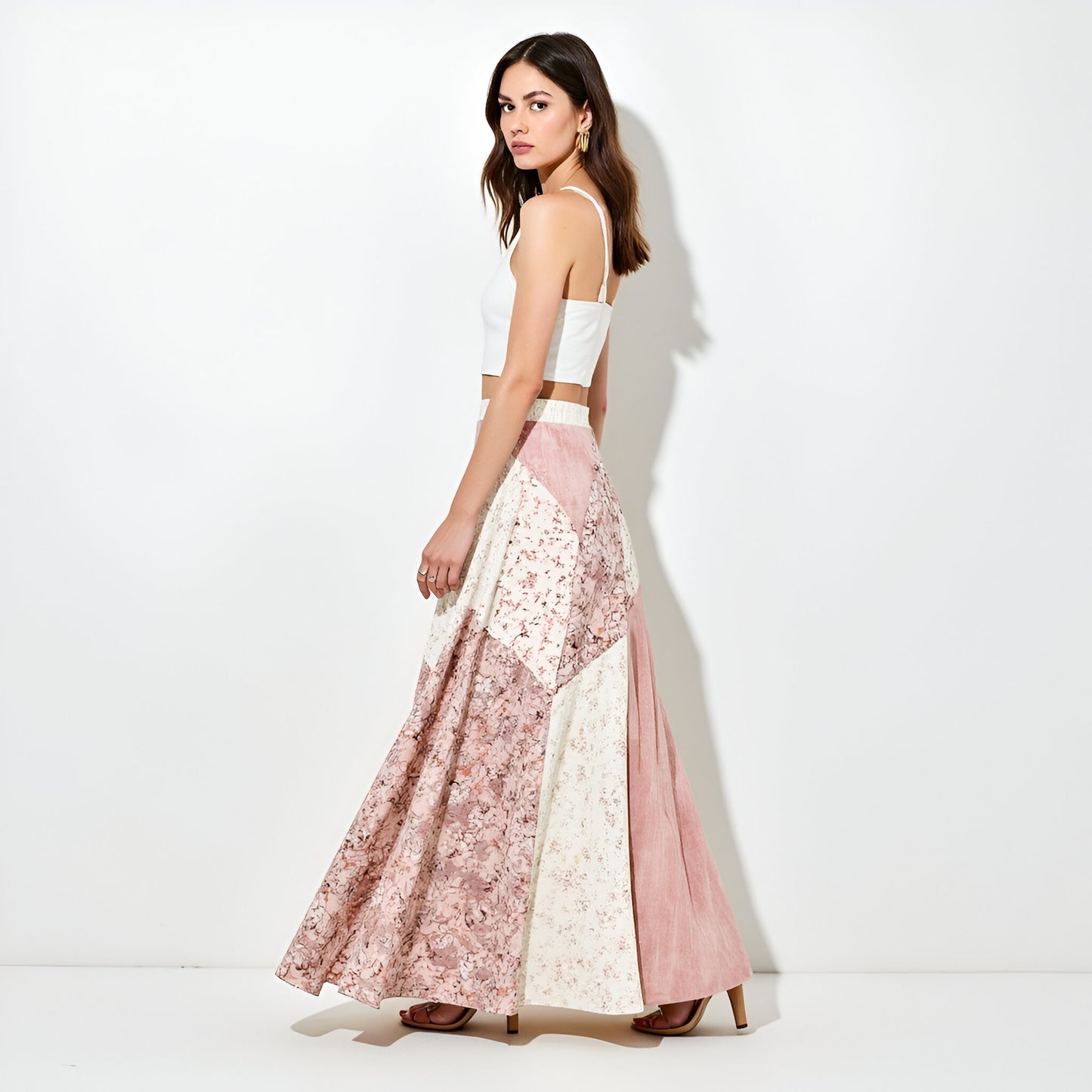 Patchwork Floral Maxi Skirt with Chevron Panel Detailing and Subtle Flar