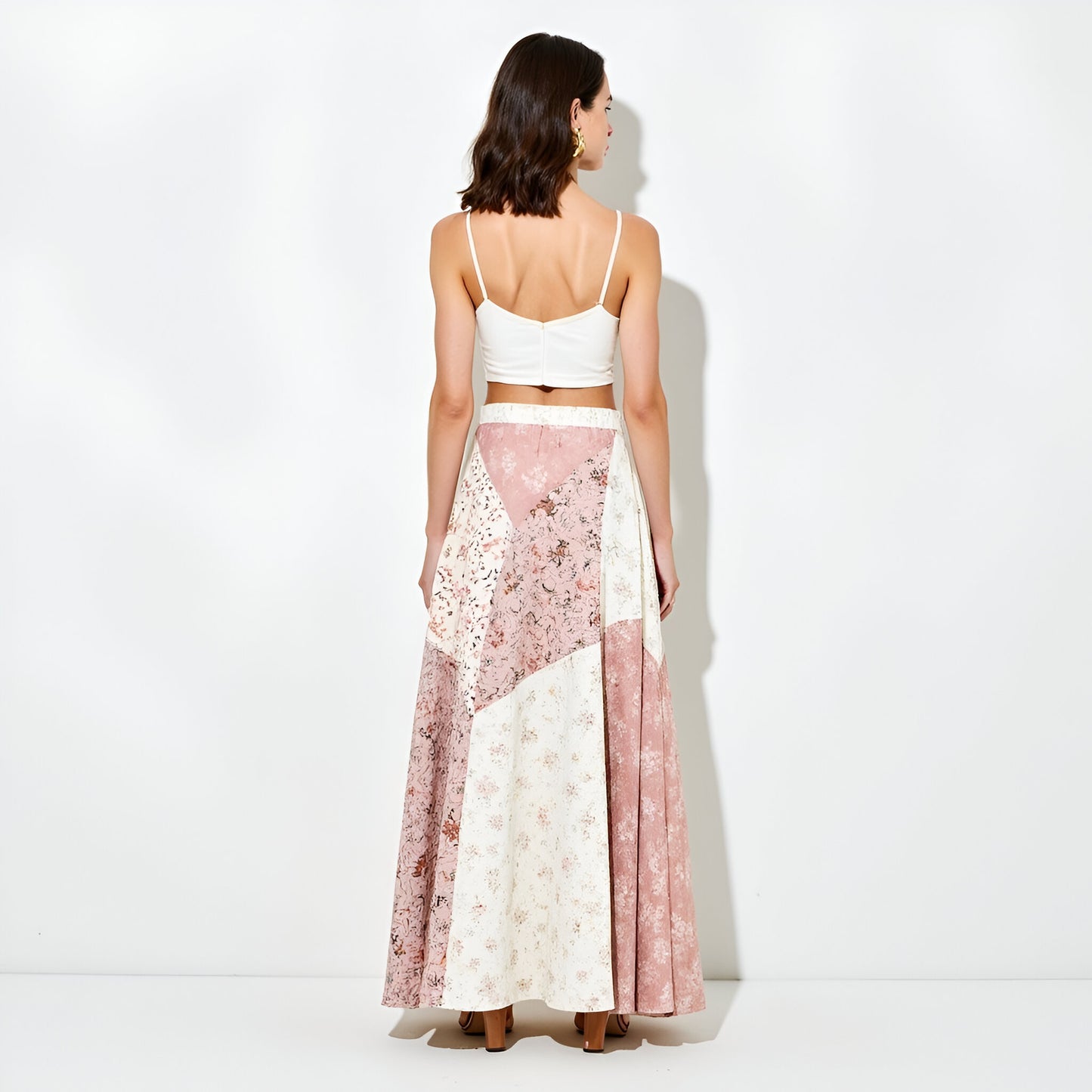 Patchwork Floral Maxi Skirt with Chevron Panel Detailing and Subtle Flar