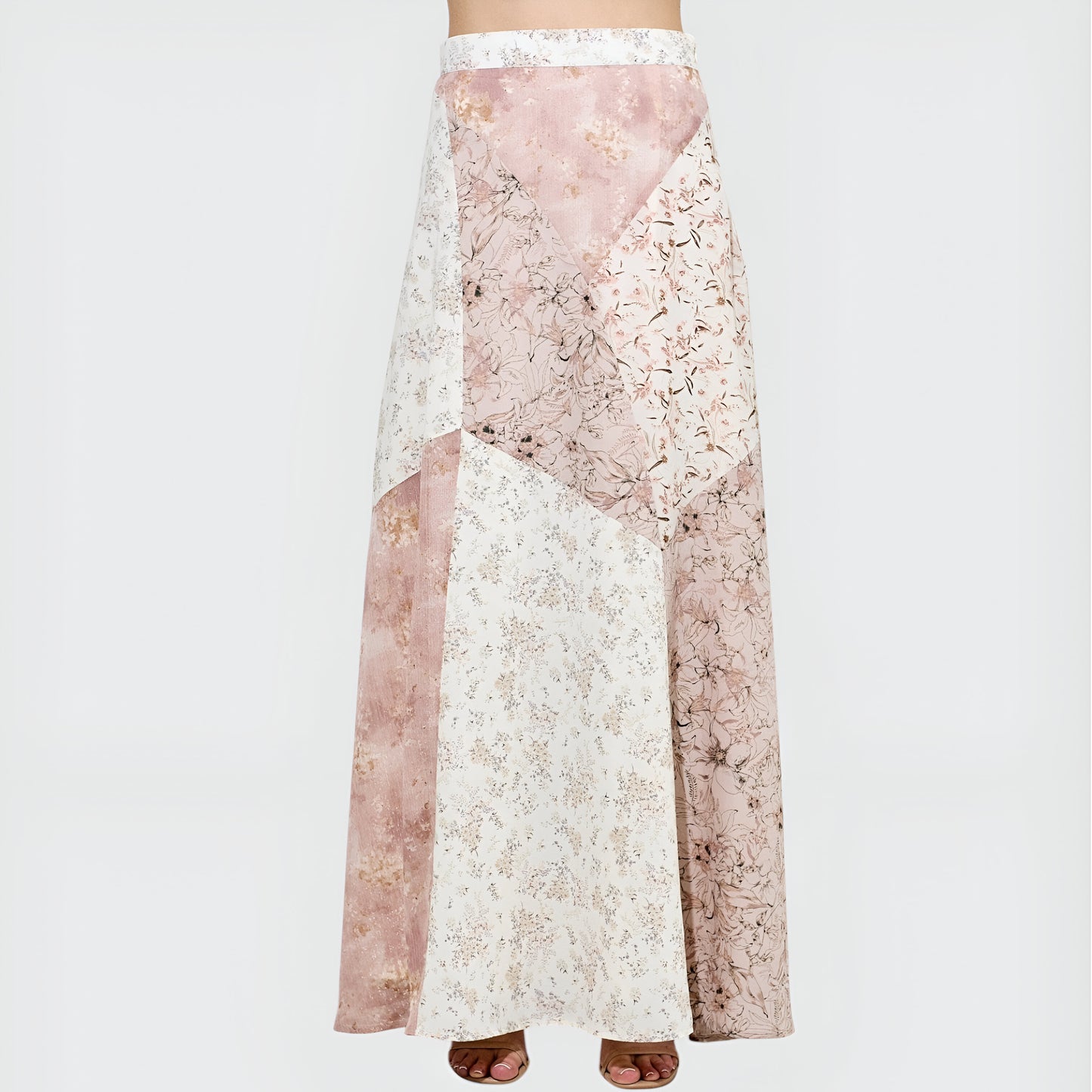 Patchwork Floral Maxi Skirt with Chevron Panel Detailing and Subtle Flar