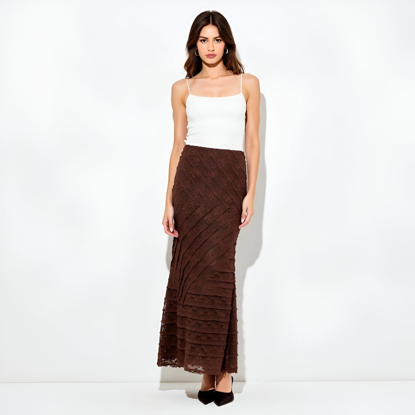Lace Maxi Skirt with Diagonal Panel Detailing and Flared Hem