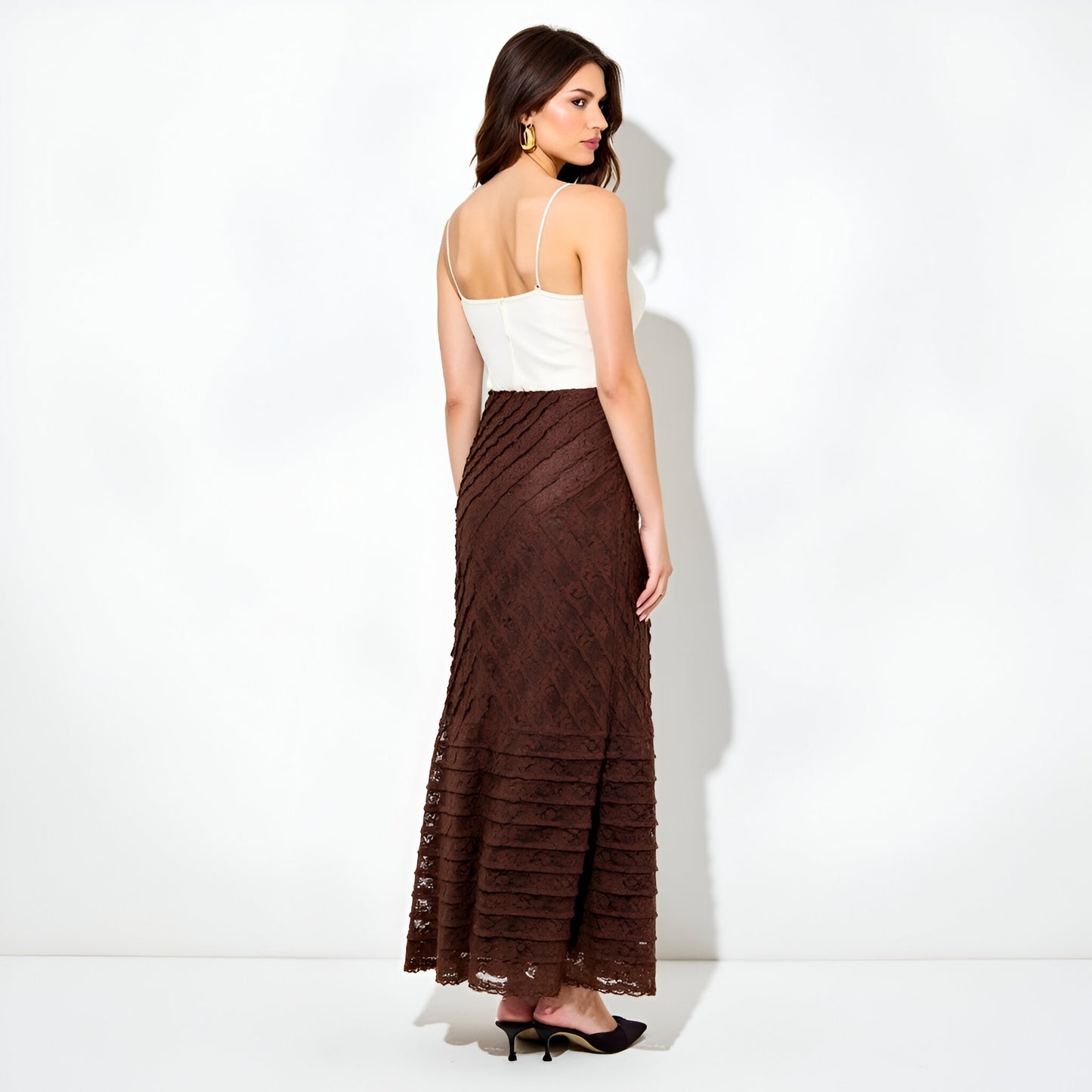 Lace Maxi Skirt with Diagonal Panel Detailing and Flared Hem