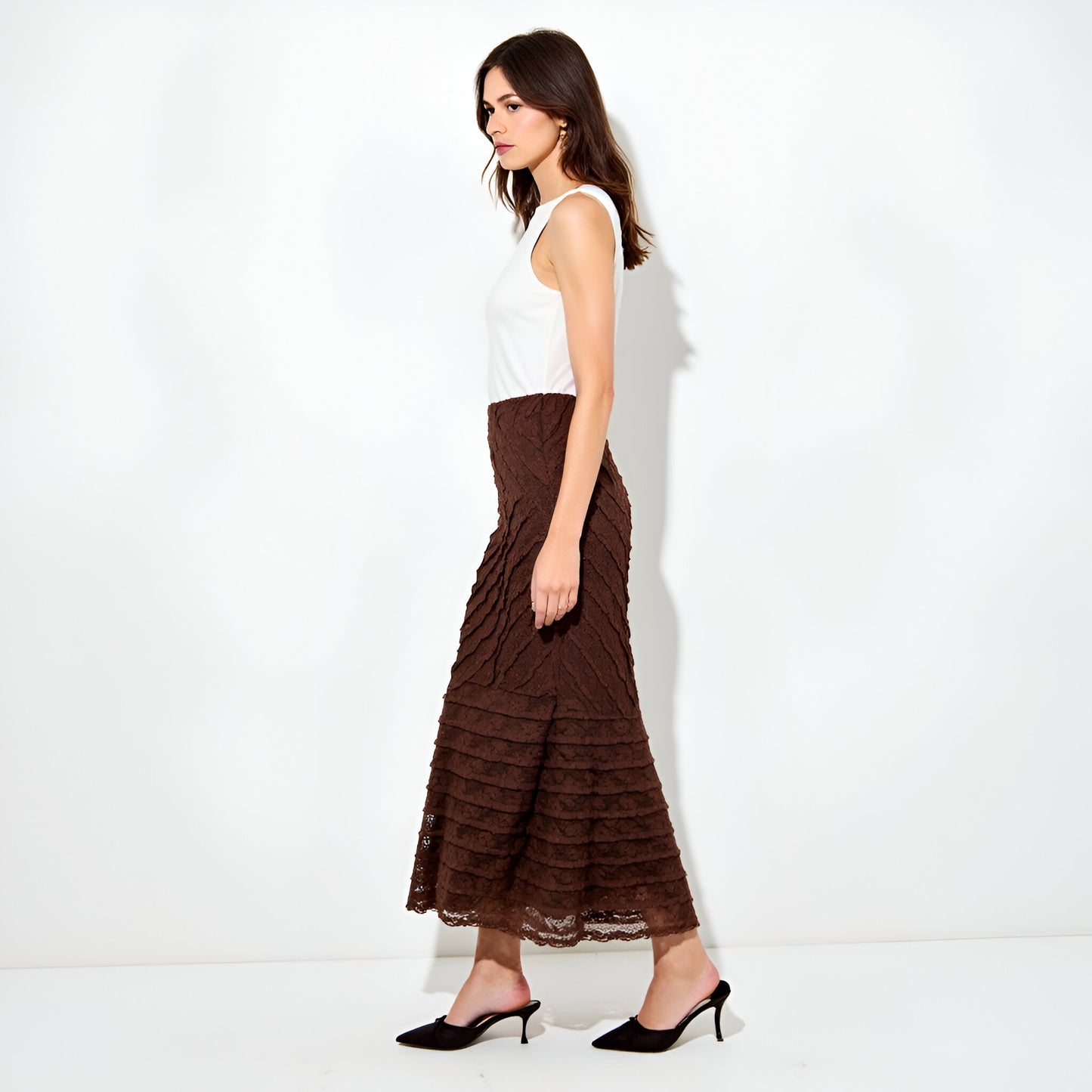 Lace Maxi Skirt with Diagonal Panel Detailing and Flared Hem