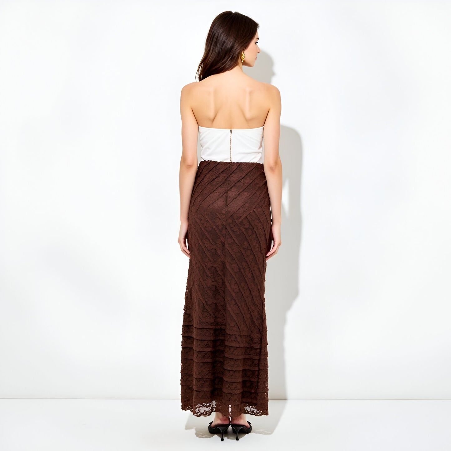Lace Maxi Skirt with Diagonal Panel Detailing and Flared Hem
