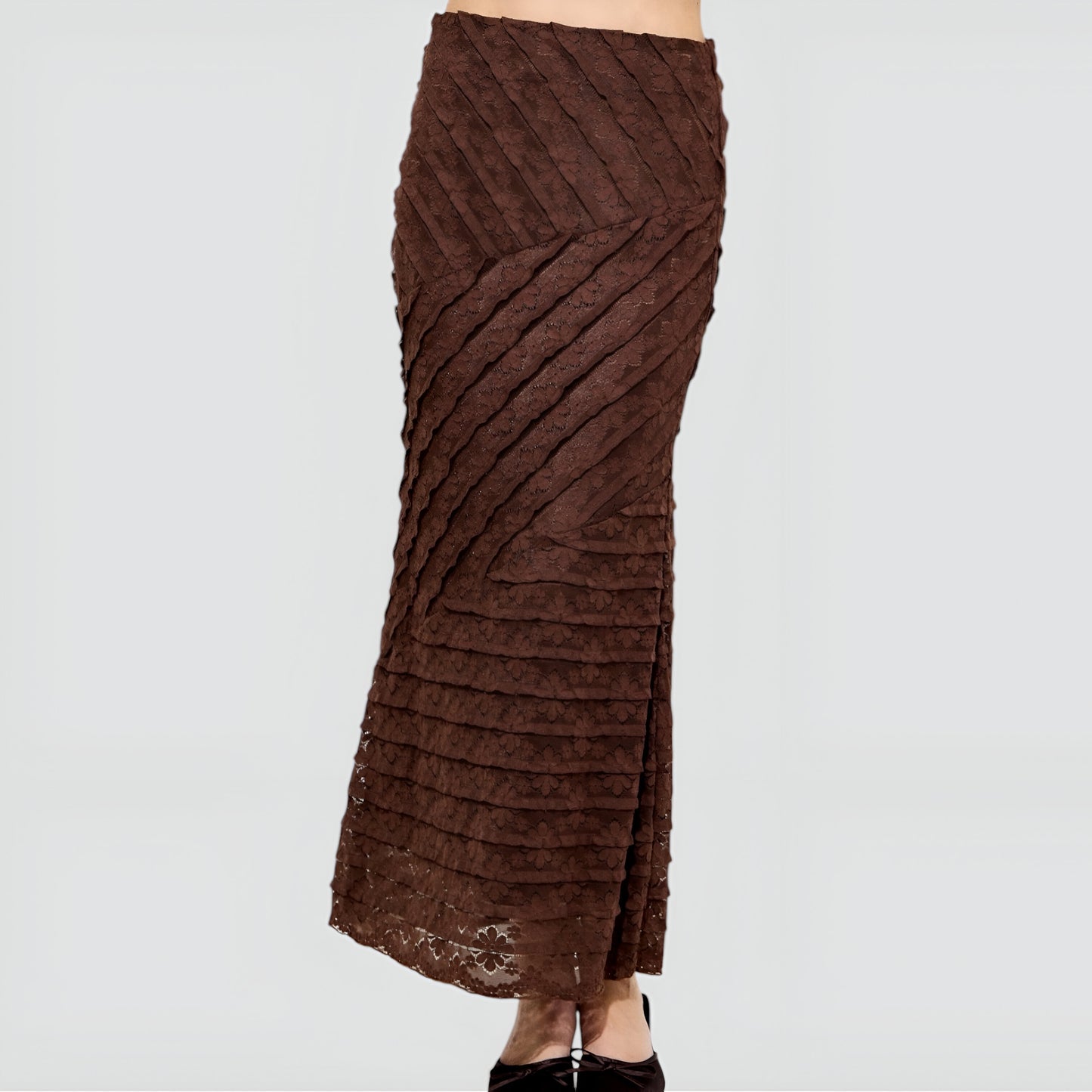 Lace Maxi Skirt with Diagonal Panel Detailing and Flared Hem