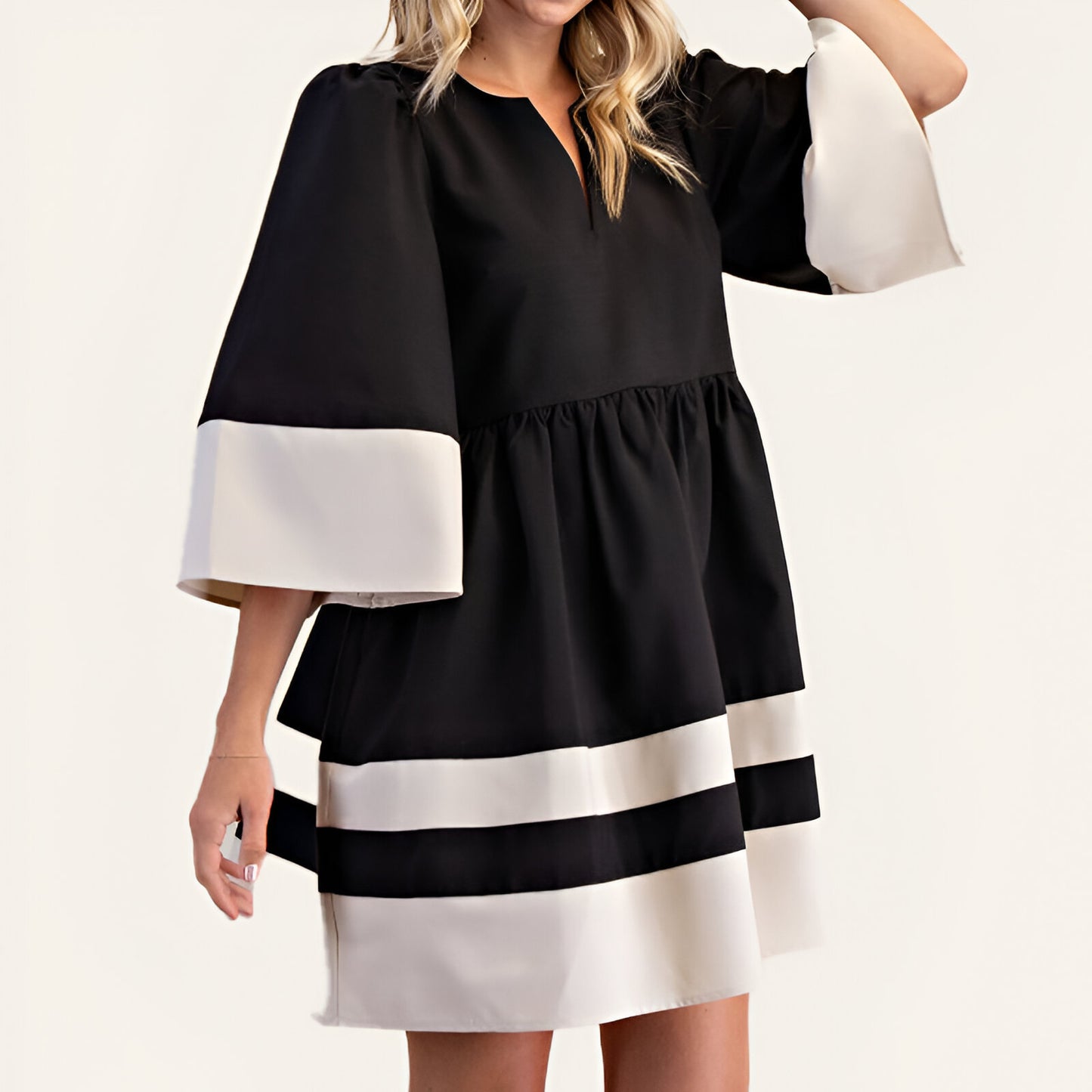 Fit and Flare Mini Dress with Contrast Trim, Cuffed Sleeves and V-Neck