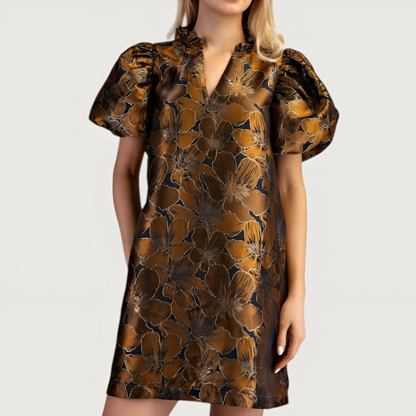 Metallic Floral Puff Sleeve Dress with Ruffled Collar and A-Line Silhouette