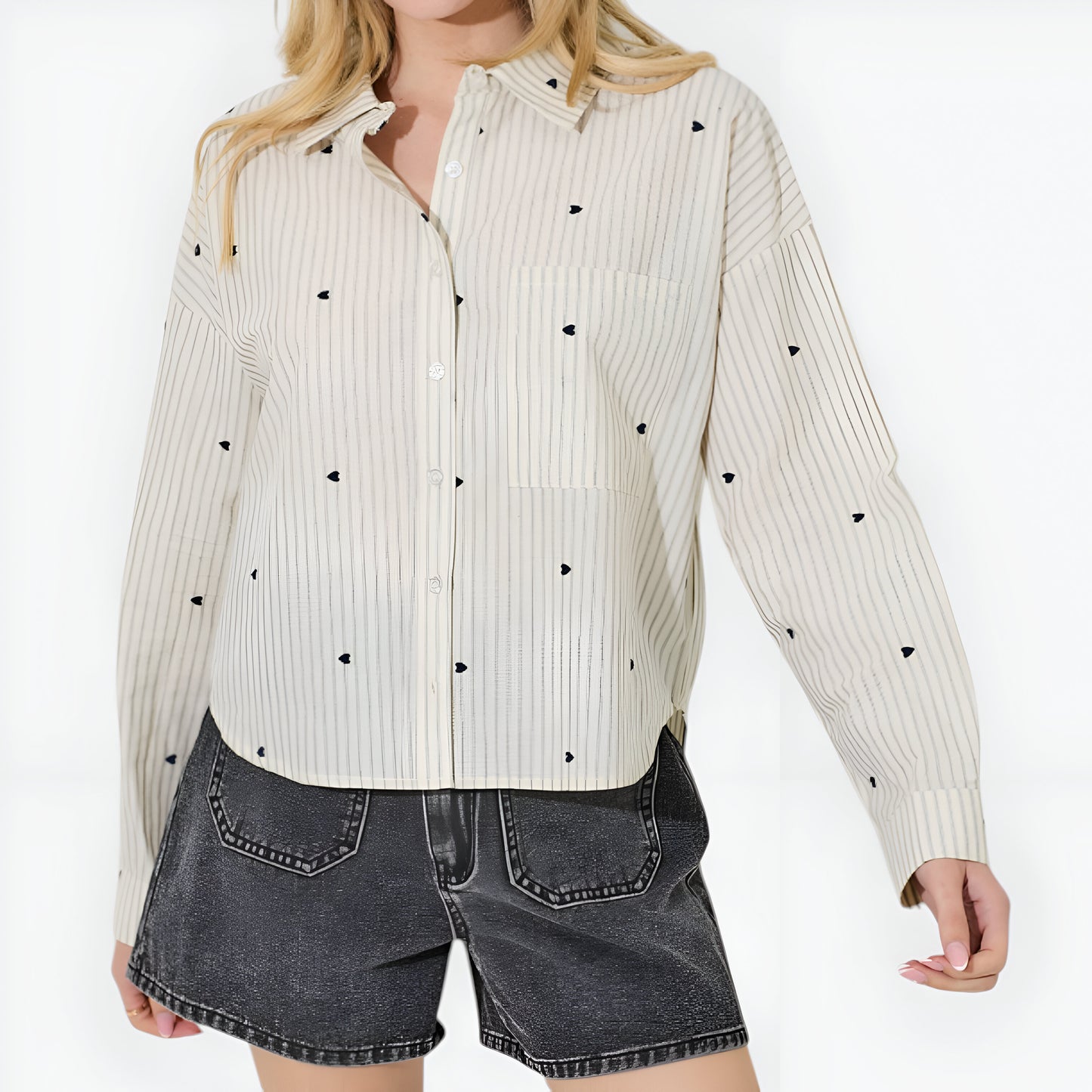 Striped Button-Up Shirt with Embroidered Hearts and Chest Pocket Detail