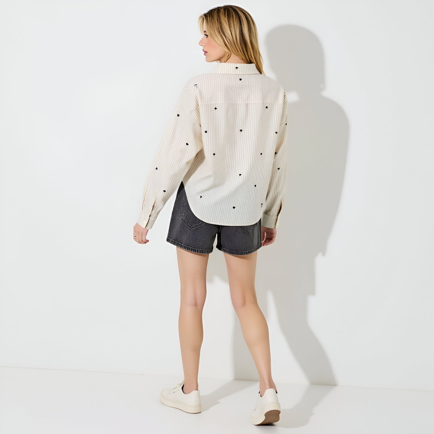 Striped Button-Up Shirt with Embroidered Hearts and Chest Pocket Detail
