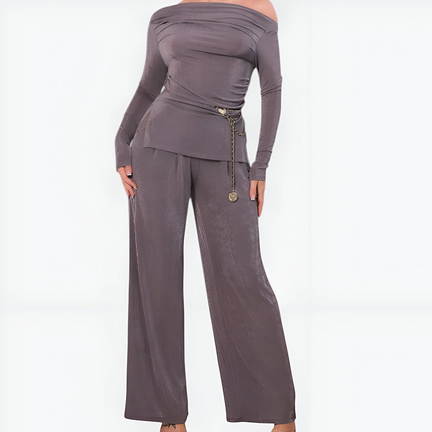 Off-Shoulder Drape Knit Top and Wide Leg Pants Set