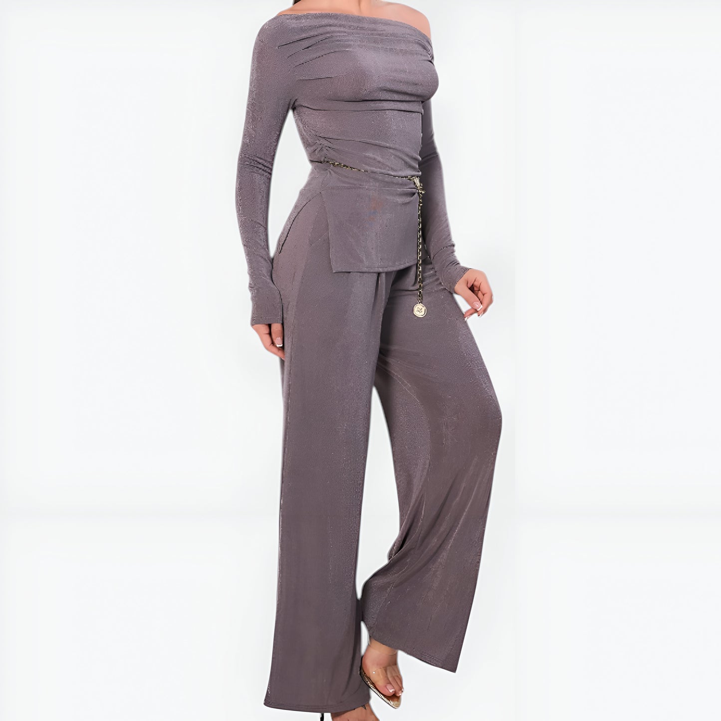 Off-Shoulder Drape Knit Top and Wide Leg Pants Set