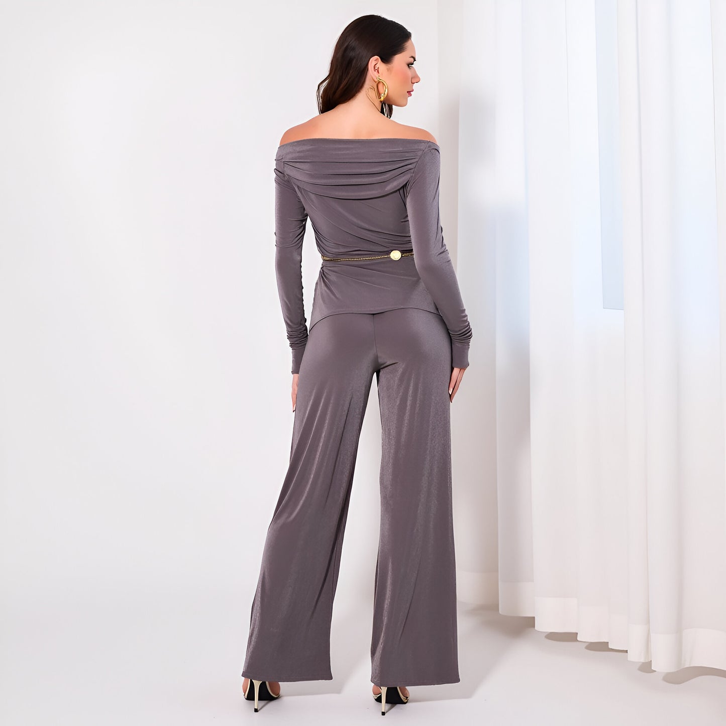 Off-Shoulder Drape Knit Top and Wide Leg Pants Set