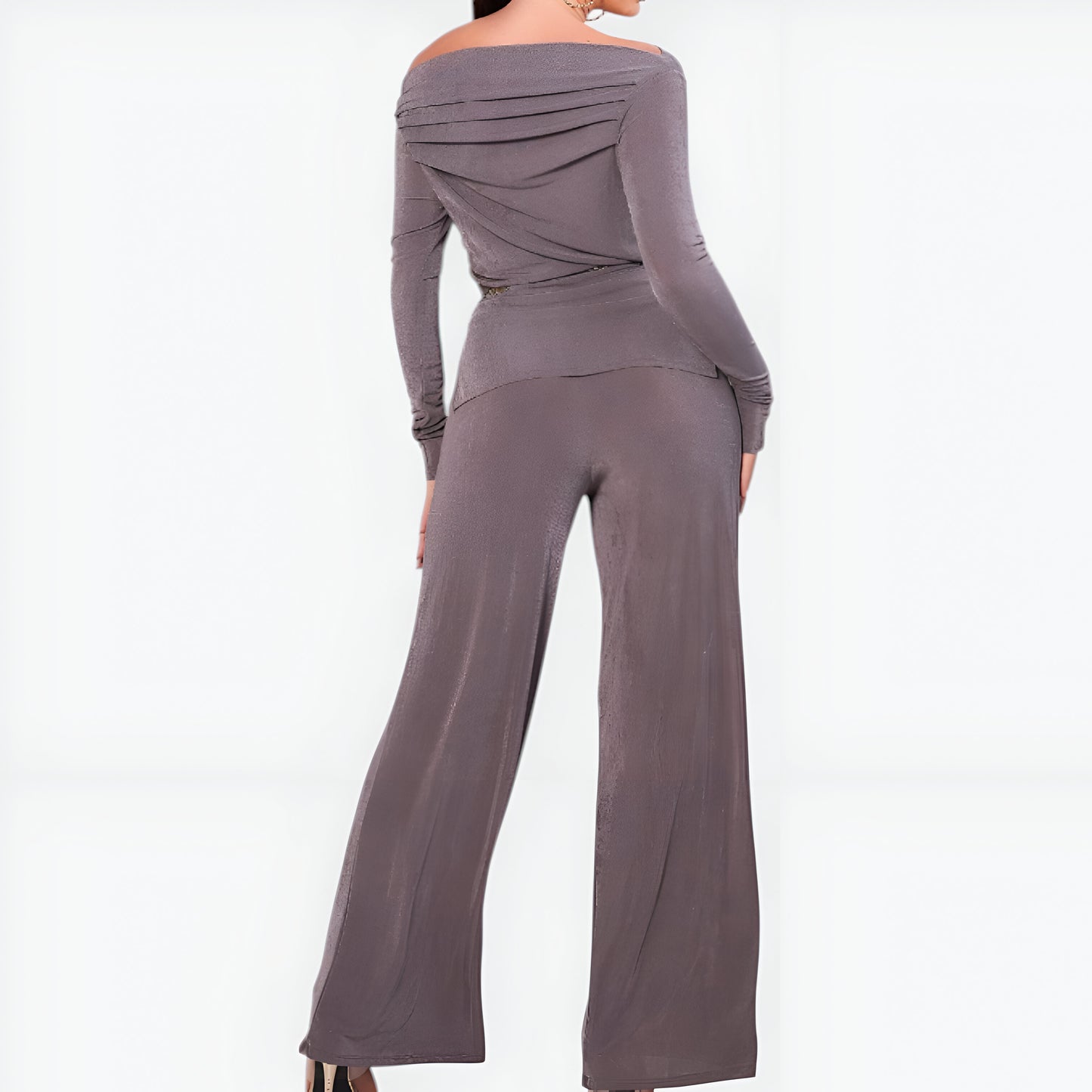 Off-Shoulder Drape Knit Top and Wide Leg Pants Set