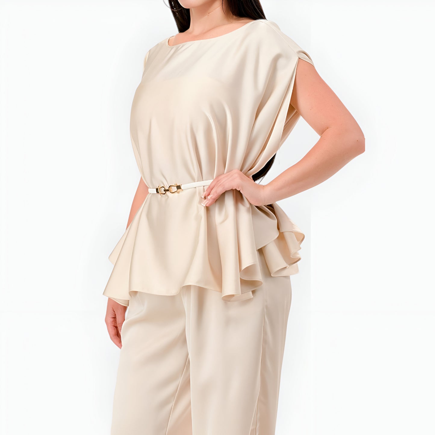 Satin Cape Sleeve Top and Wide-Leg Pant Set with Waist Belt