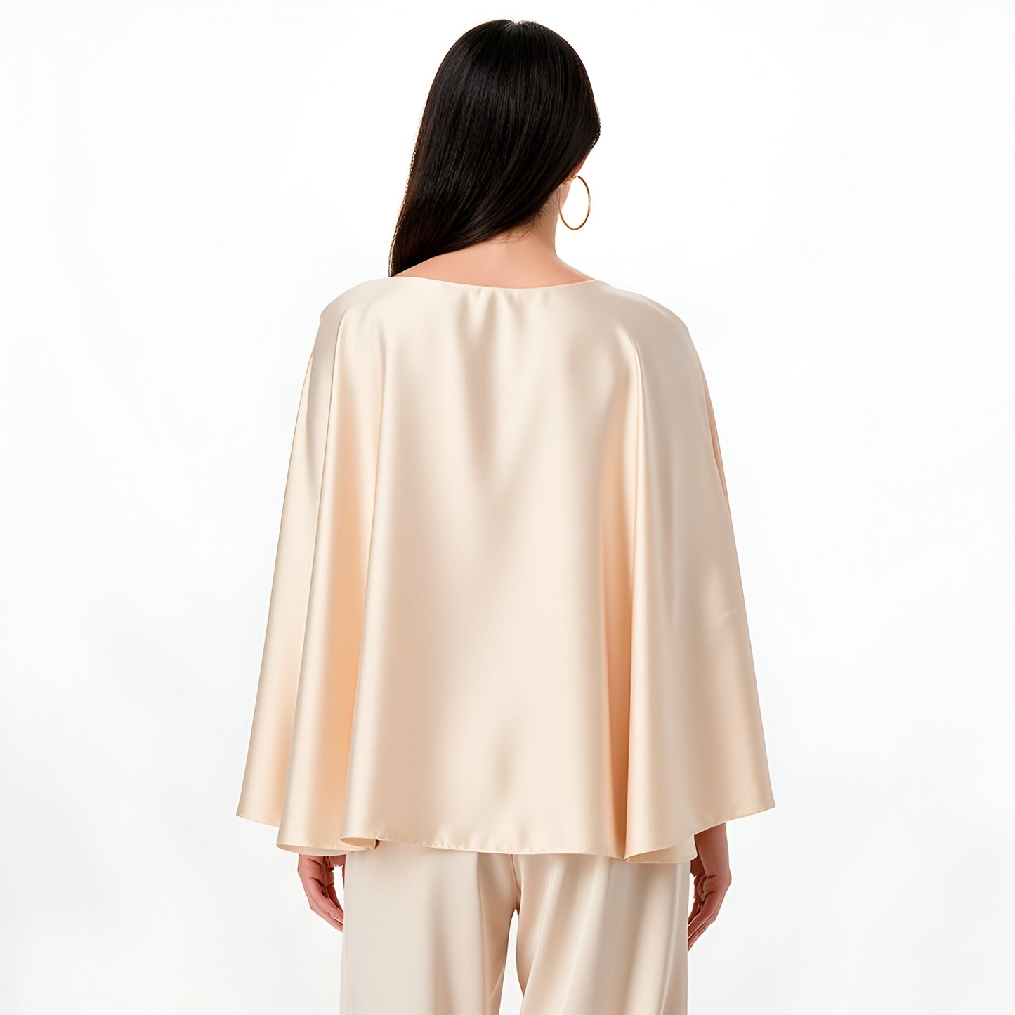 Satin Cape Sleeve Top and Wide-Leg Pant Set with Waist Belt