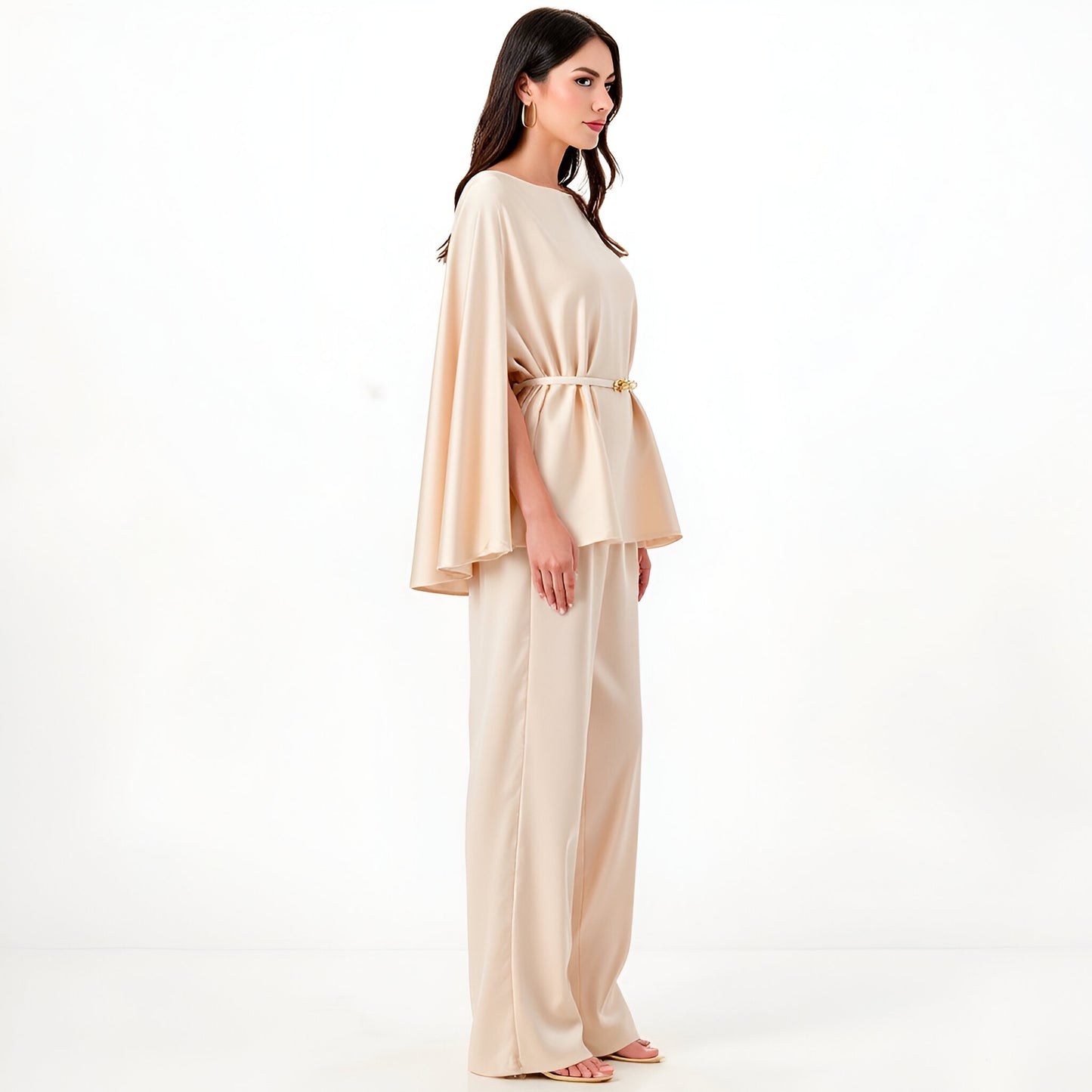 Satin Cape Sleeve Top and Wide-Leg Pant Set with Waist Belt
