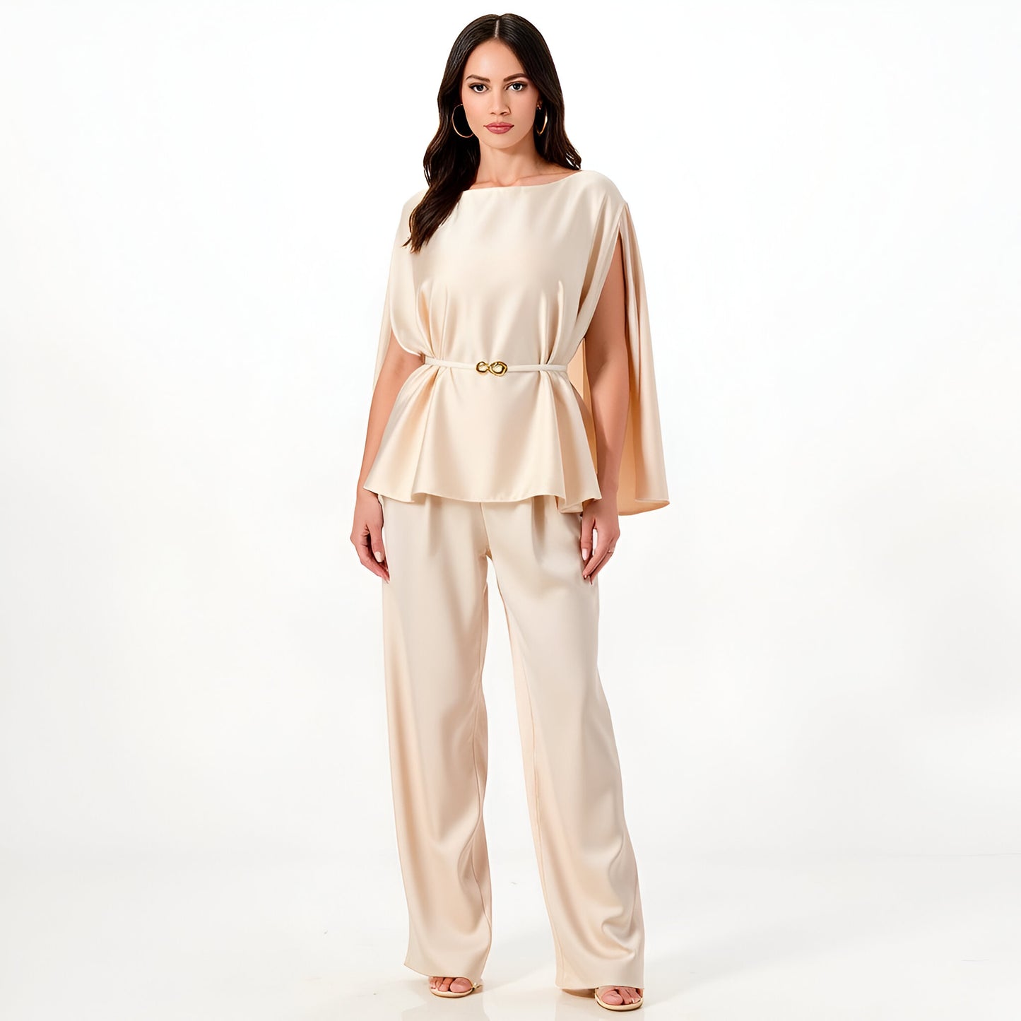 Satin Cape Sleeve Top and Wide-Leg Pant Set with Waist Belt