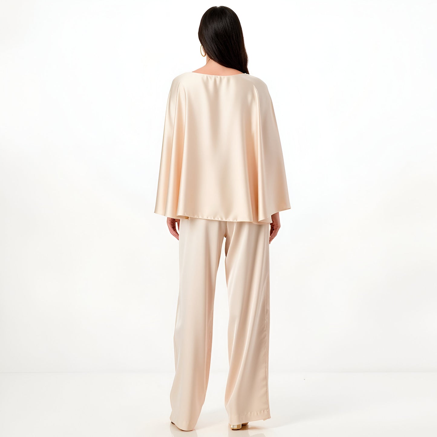 Satin Cape Sleeve Top and Wide-Leg Pant Set with Waist Belt