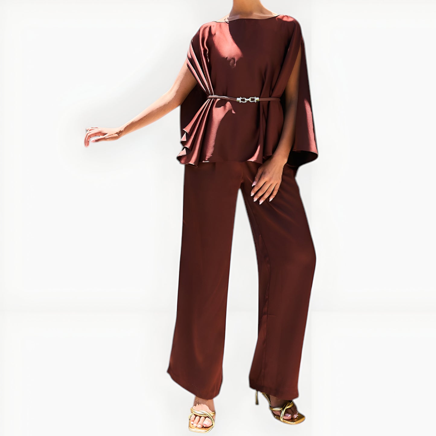 Satin Cape Sleeve Top and Wide-Leg Pant Set with Waist Belt