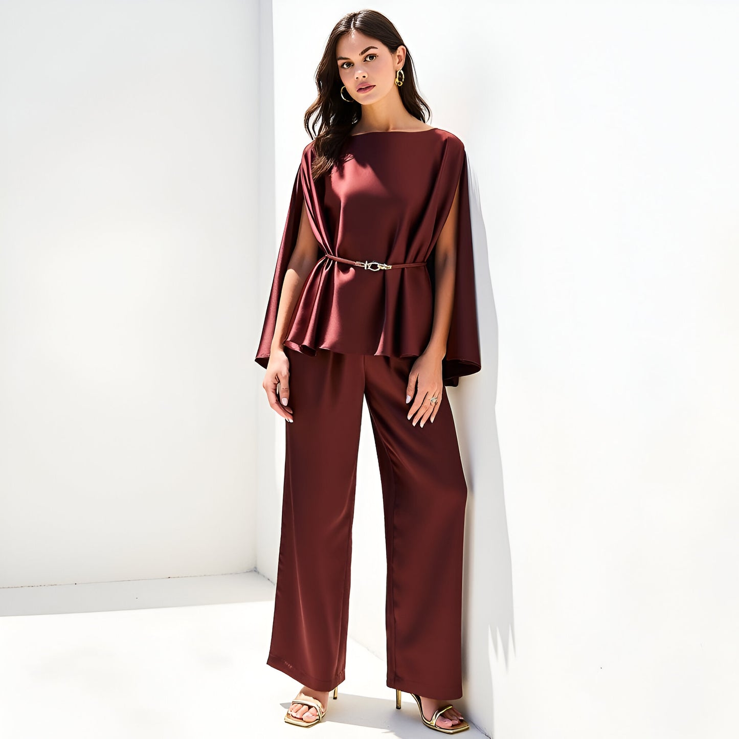 Satin Cape Sleeve Top and Wide-Leg Pant Set with Waist Belt