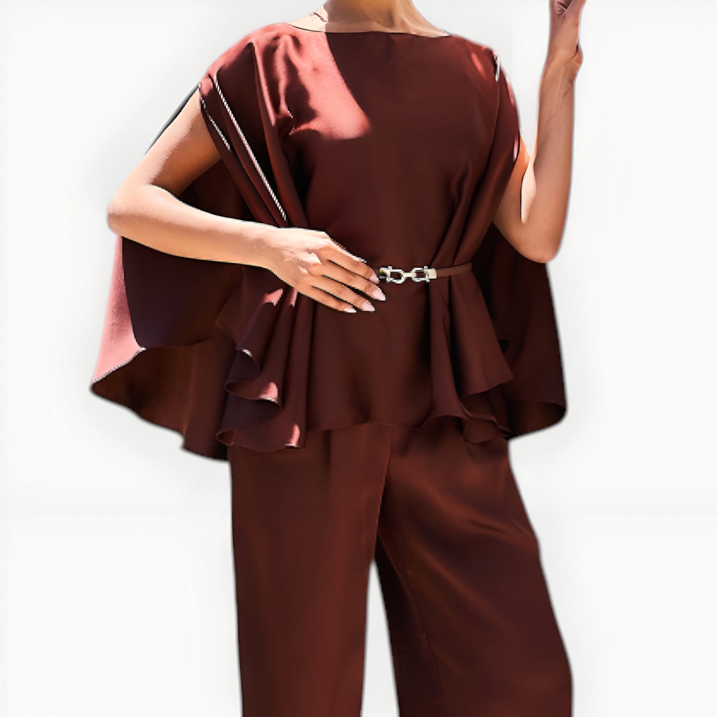 Satin Cape Sleeve Top and Wide-Leg Pant Set with Waist Belt