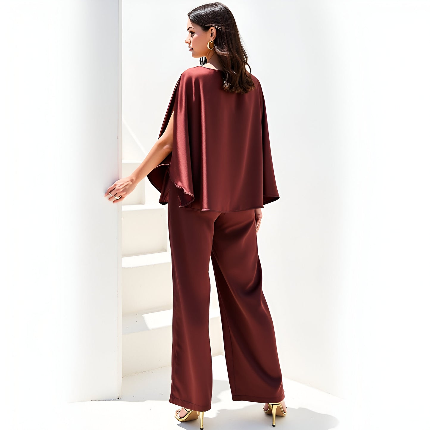 Satin Cape Sleeve Top and Wide-Leg Pant Set with Waist Belt