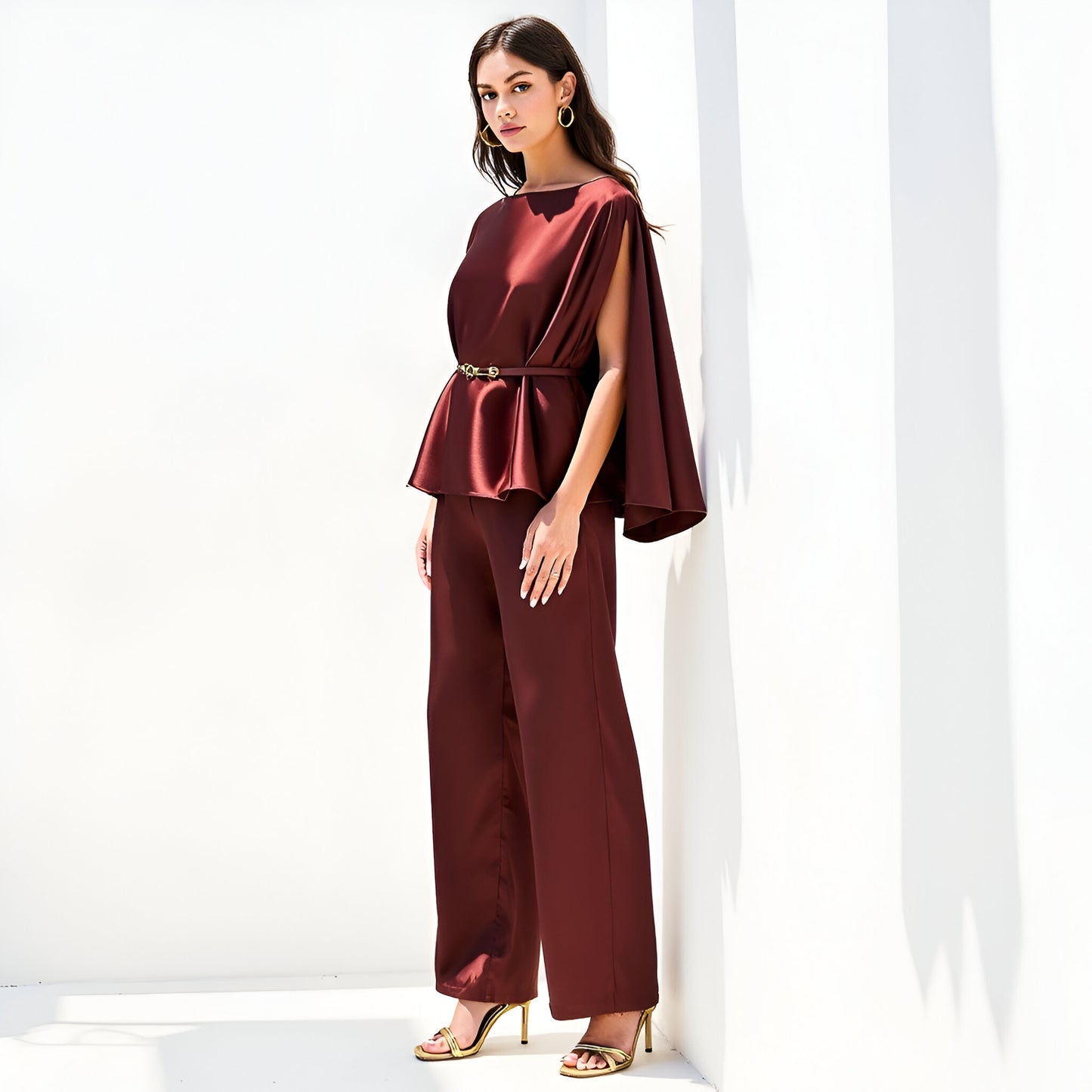 Satin Cape Sleeve Top and Wide-Leg Pant Set with Waist Belt