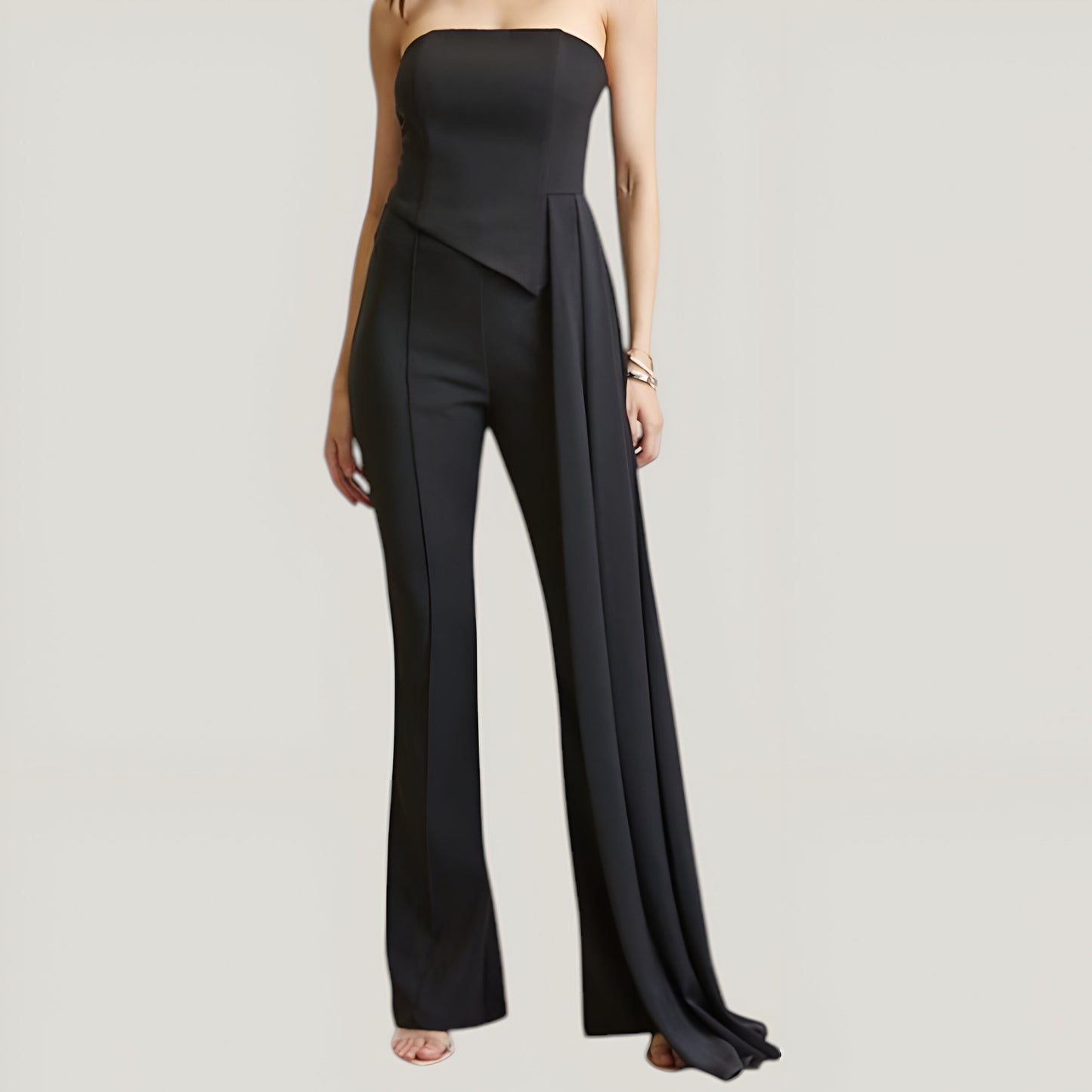 Solid Stretch Woven Corset Top and High-Waist Boot-Cut Pant Set with Chiffon Sash
