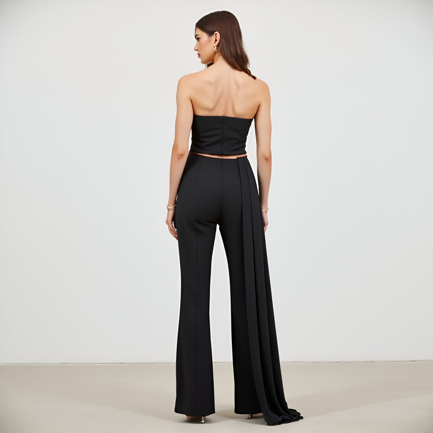 Solid Stretch Woven Corset Top and High-Waist Boot-Cut Pant Set with Chiffon Sash