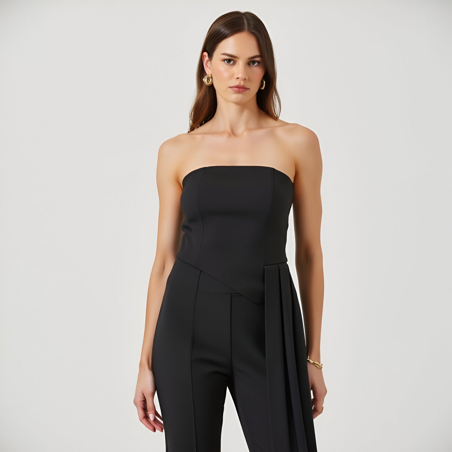Solid Stretch Woven Corset Top and High-Waist Boot-Cut Pant Set with Chiffon Sash
