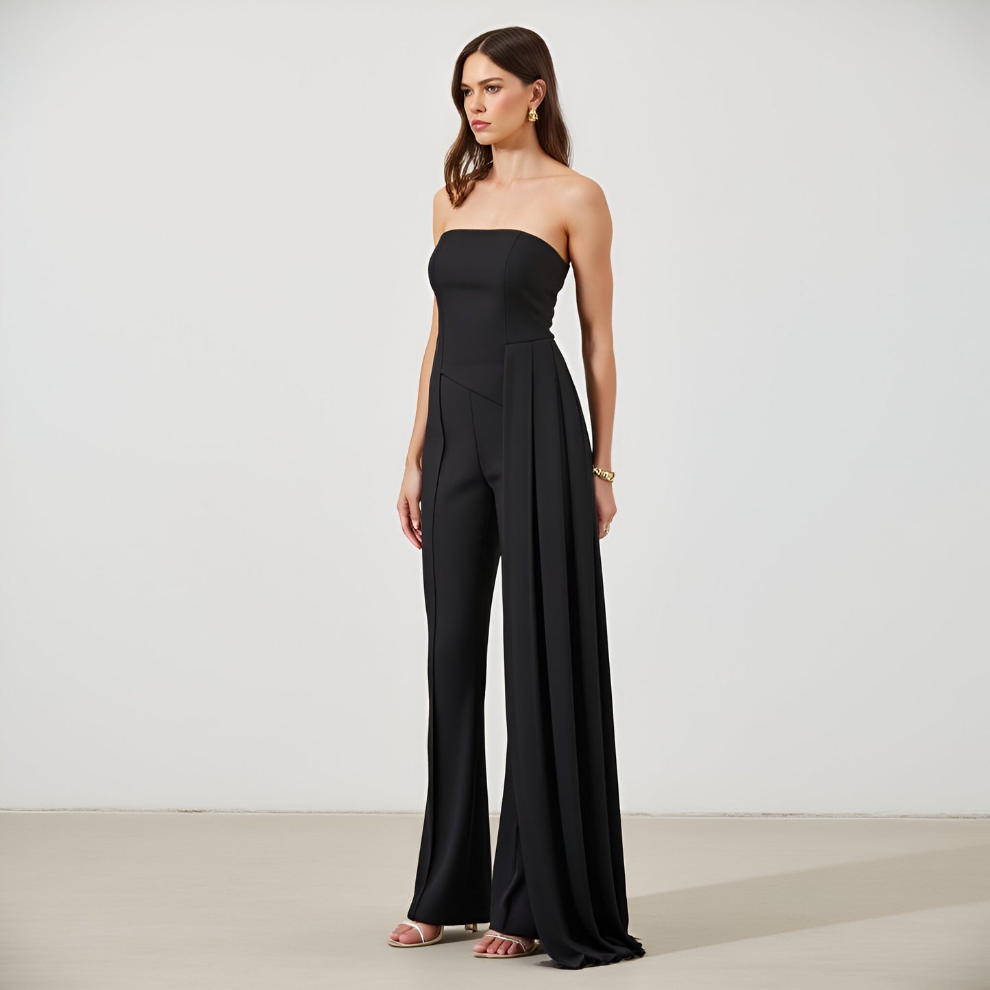 Solid Stretch Woven Corset Top and High-Waist Boot-Cut Pant Set with Chiffon Sash