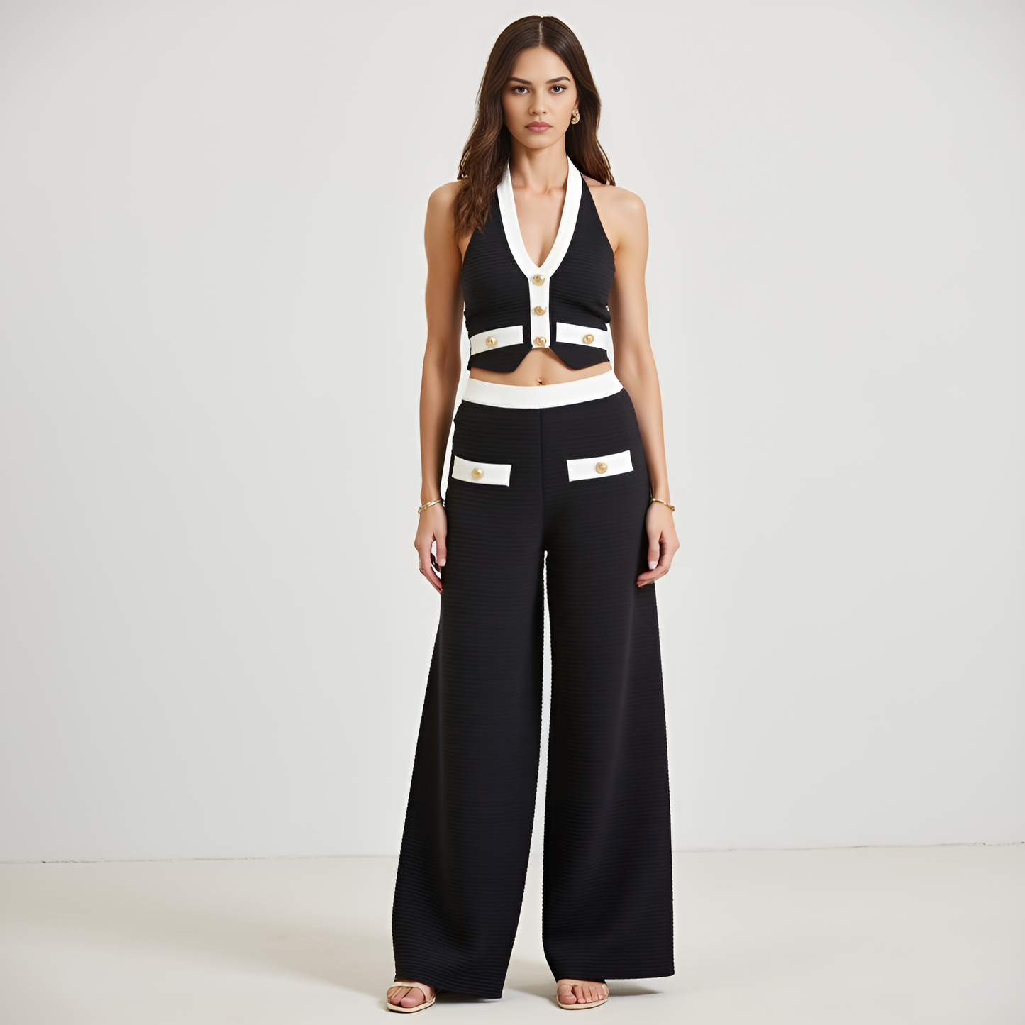 Two-Piece Halter Crop Top and Wide-Leg Pant Set with Gold Button Accents