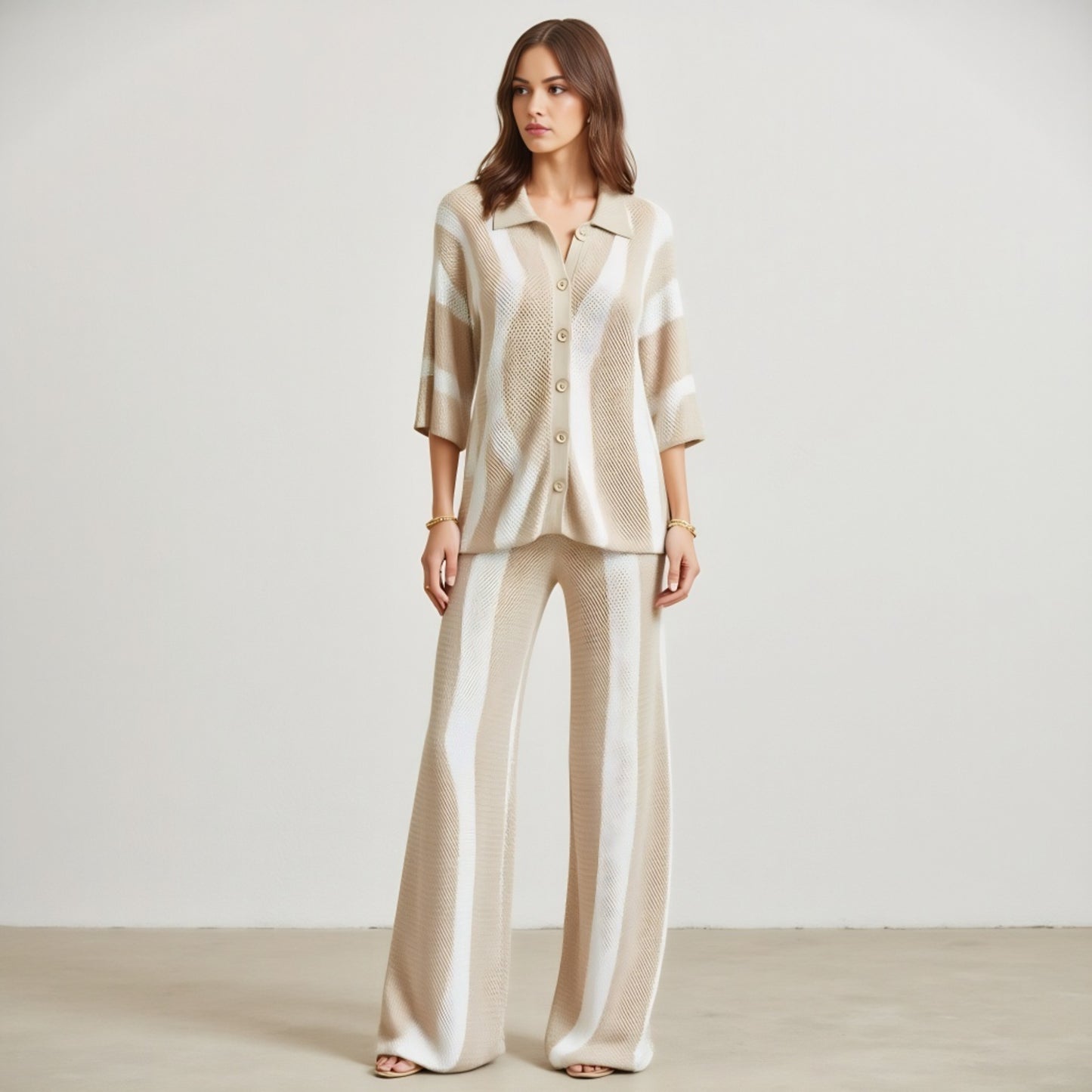 Knit Button-Front Top and Wide-Leg Pants Set with Stripe Pattern