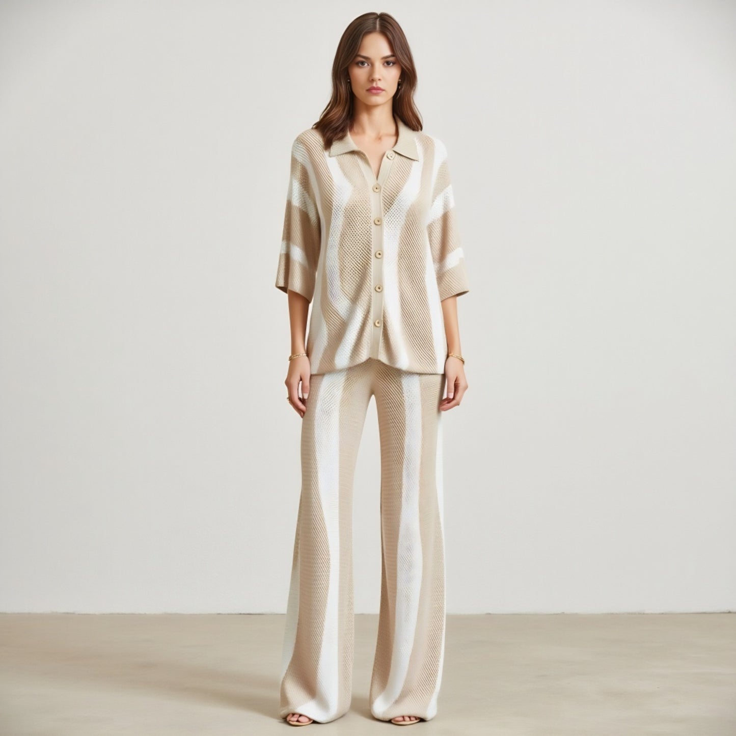 Knit Button-Front Top and Wide-Leg Pants Set with Stripe Pattern