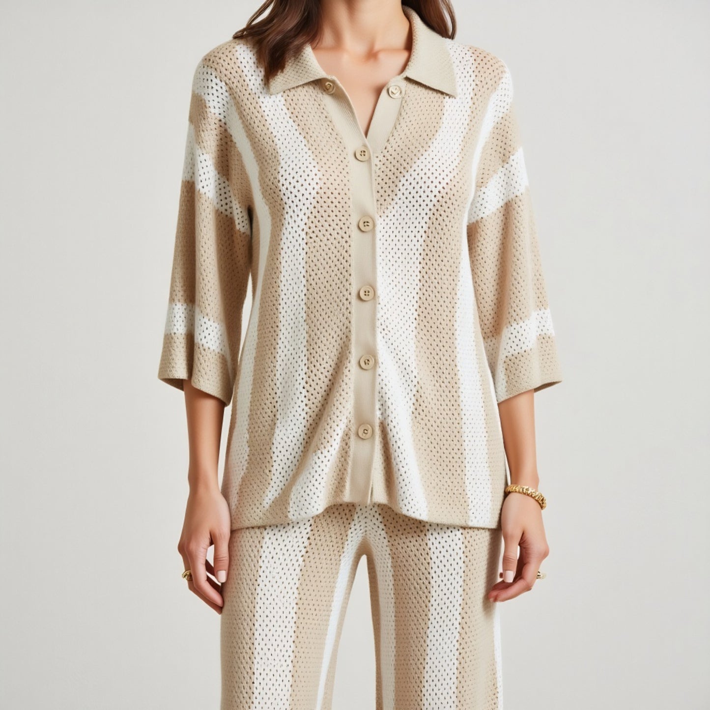 Knit Button-Front Top and Wide-Leg Pants Set with Stripe Pattern