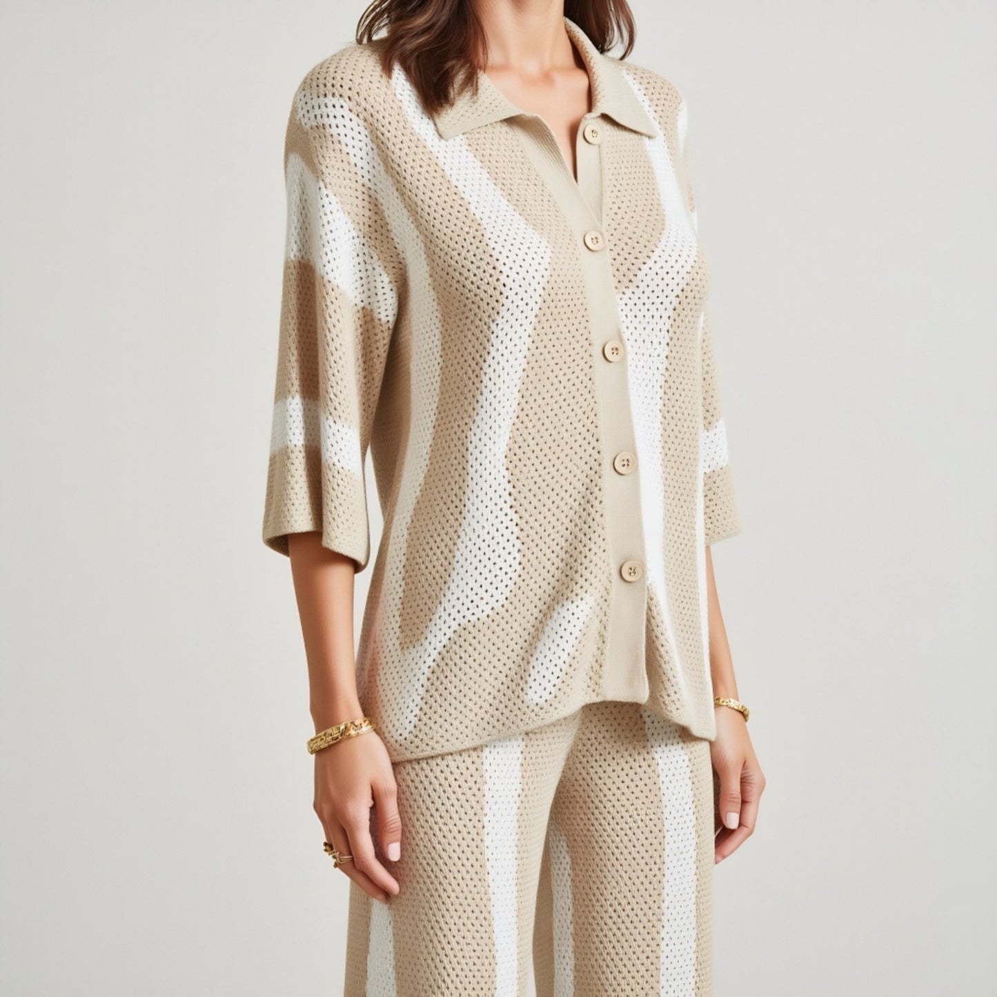 Knit Button-Front Top and Wide-Leg Pants Set with Stripe Pattern