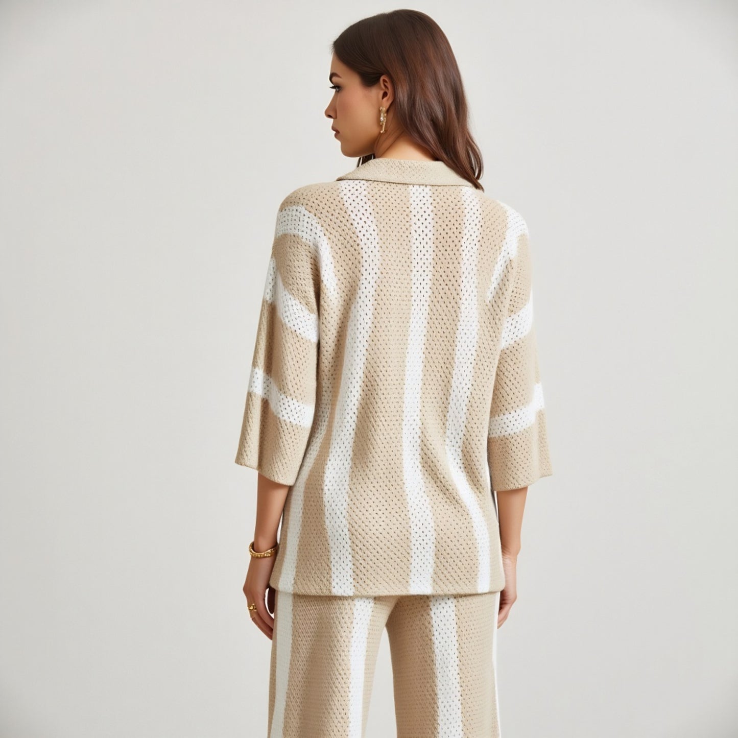Knit Button-Front Top and Wide-Leg Pants Set with Stripe Pattern