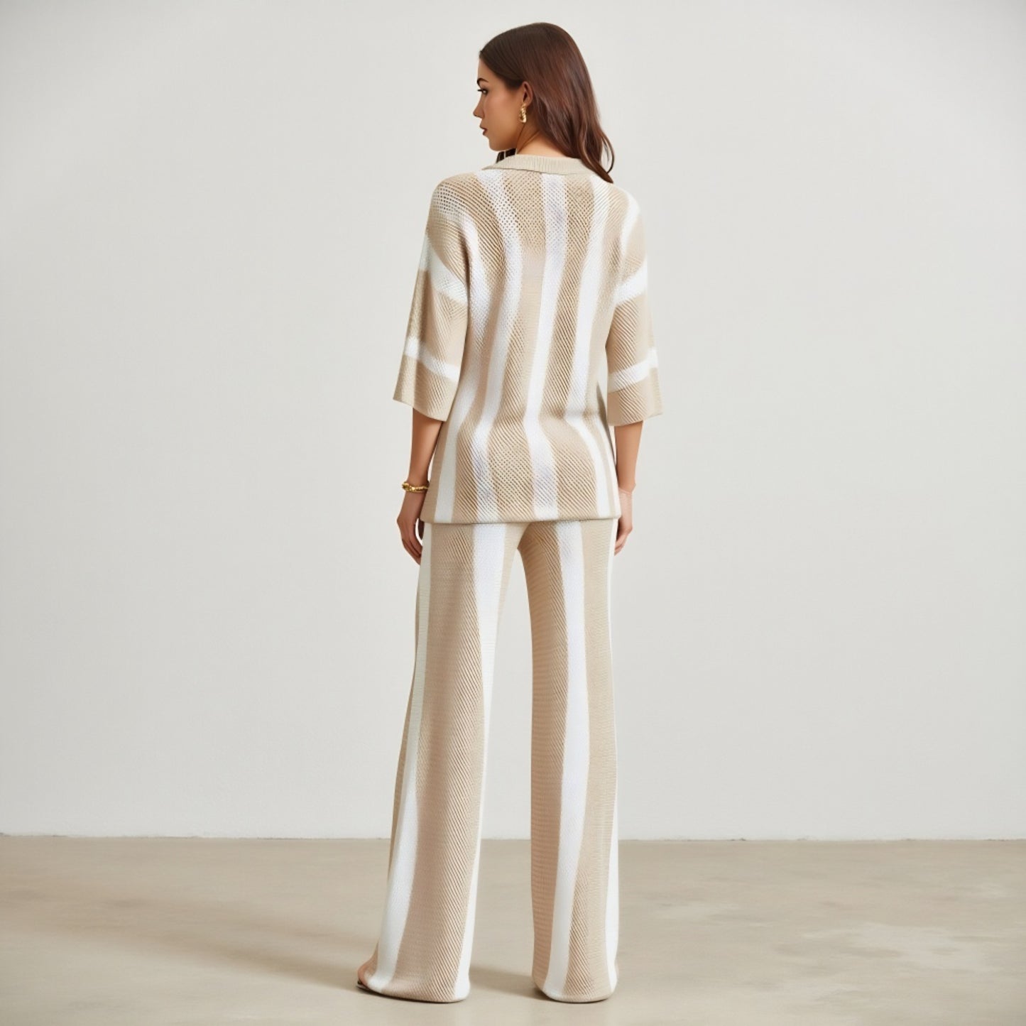 Knit Button-Front Top and Wide-Leg Pants Set with Stripe Pattern