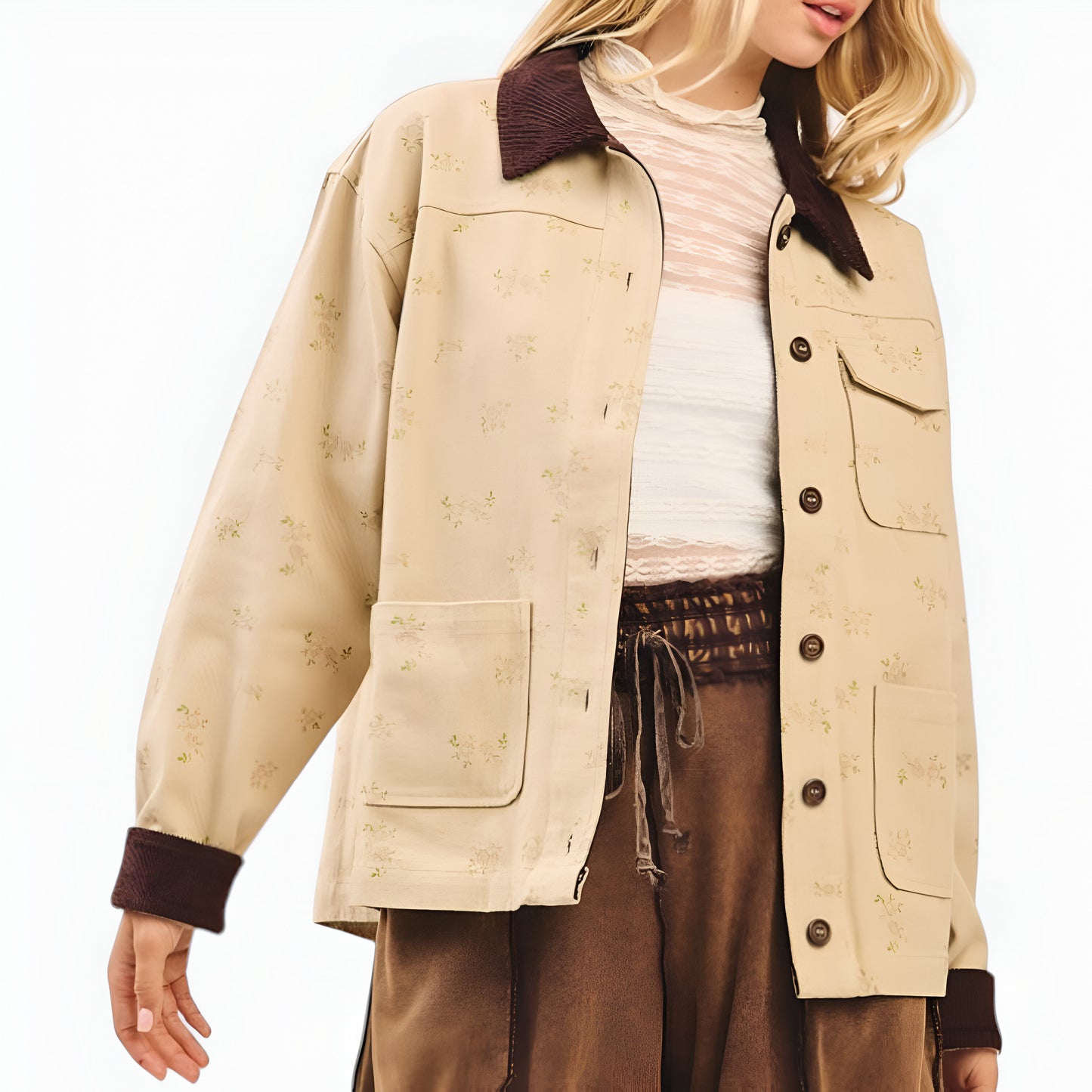 Floral Print Utility Jacket with Contrast Corduroy Collar and Cuffs