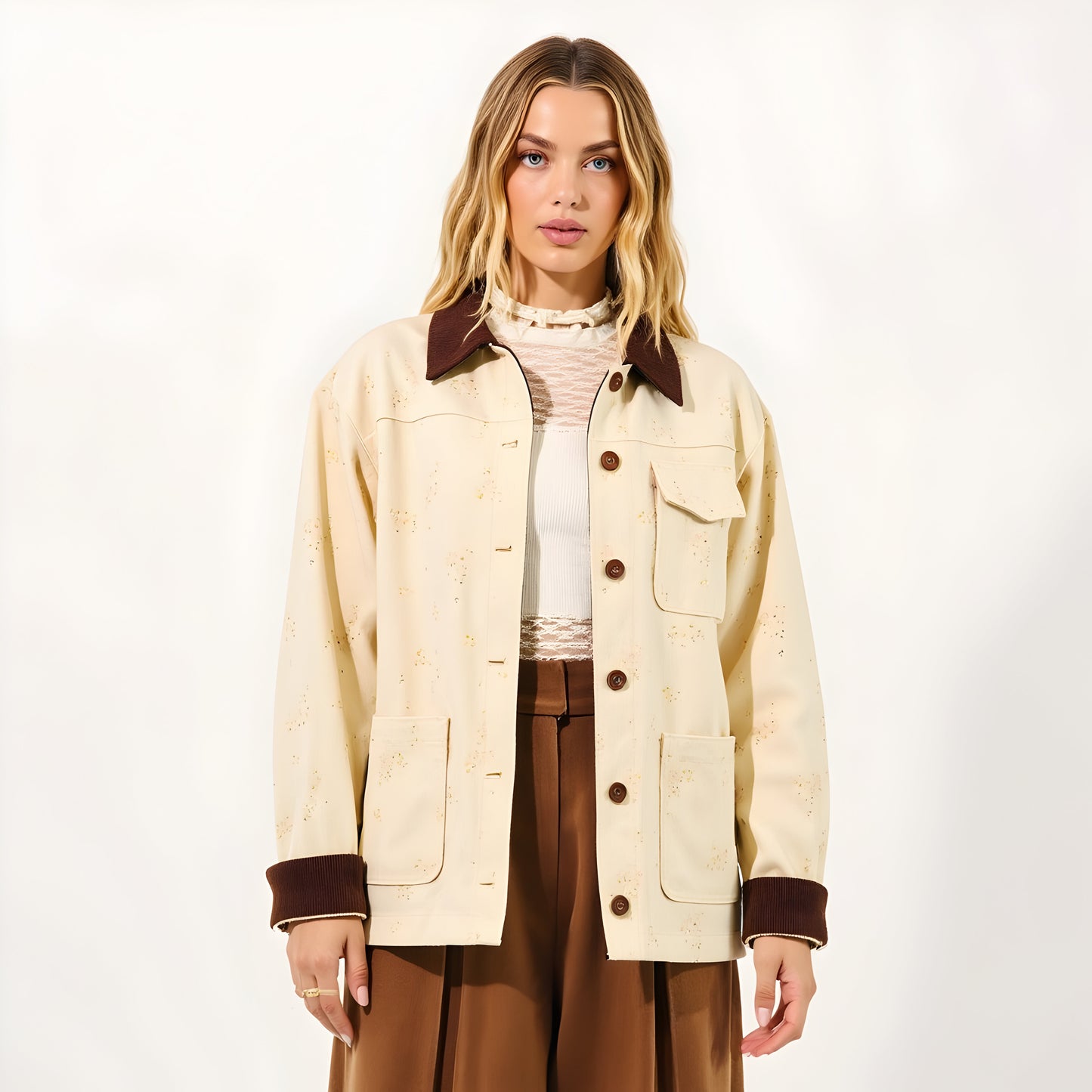 Floral Print Utility Jacket with Contrast Corduroy Collar and Cuffs