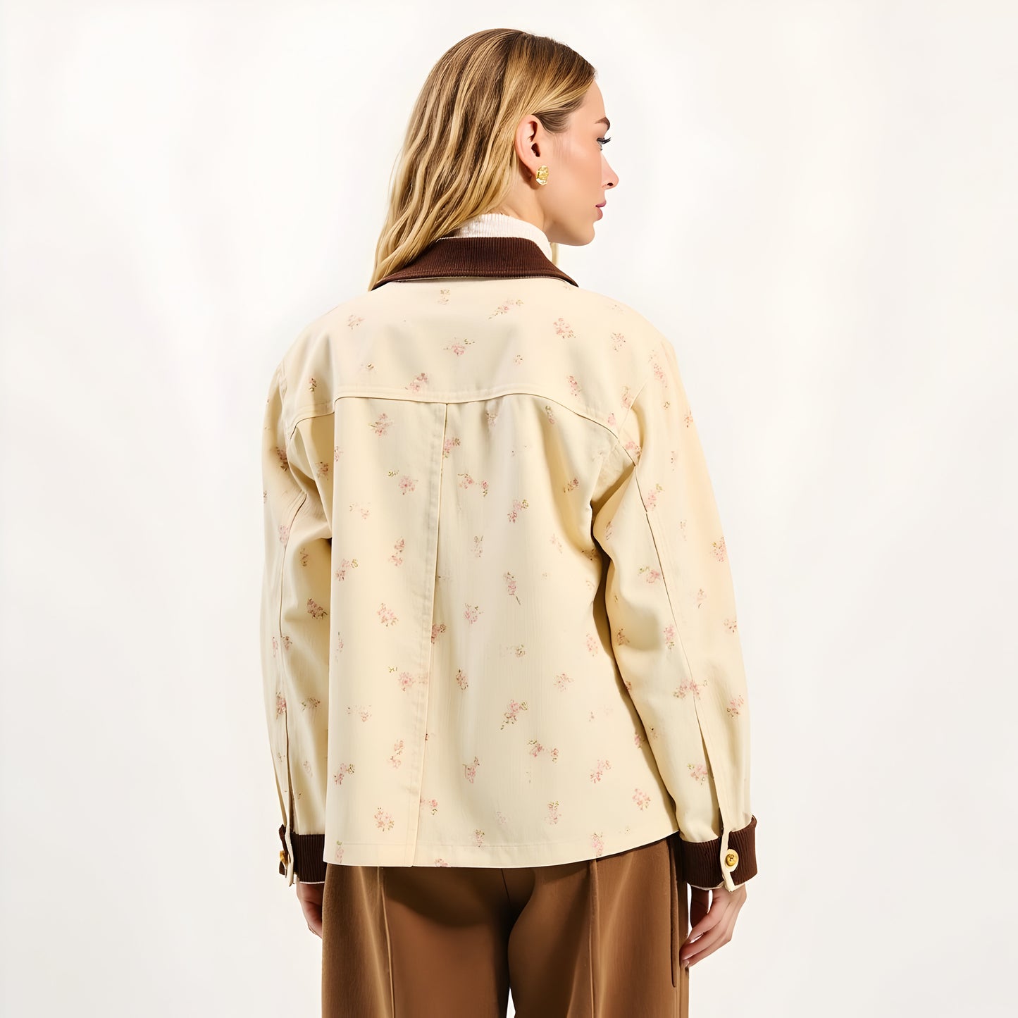 Floral Print Utility Jacket with Contrast Corduroy Collar and Cuffs