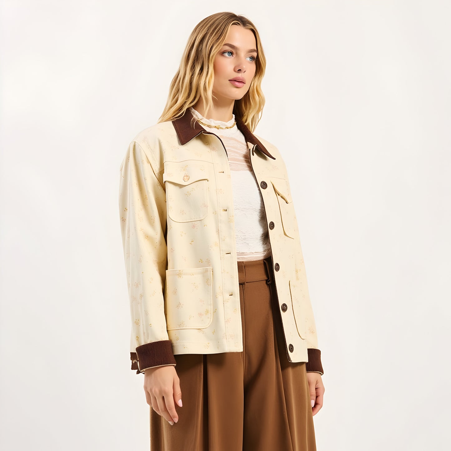 Floral Print Utility Jacket with Contrast Corduroy Collar and Cuffs